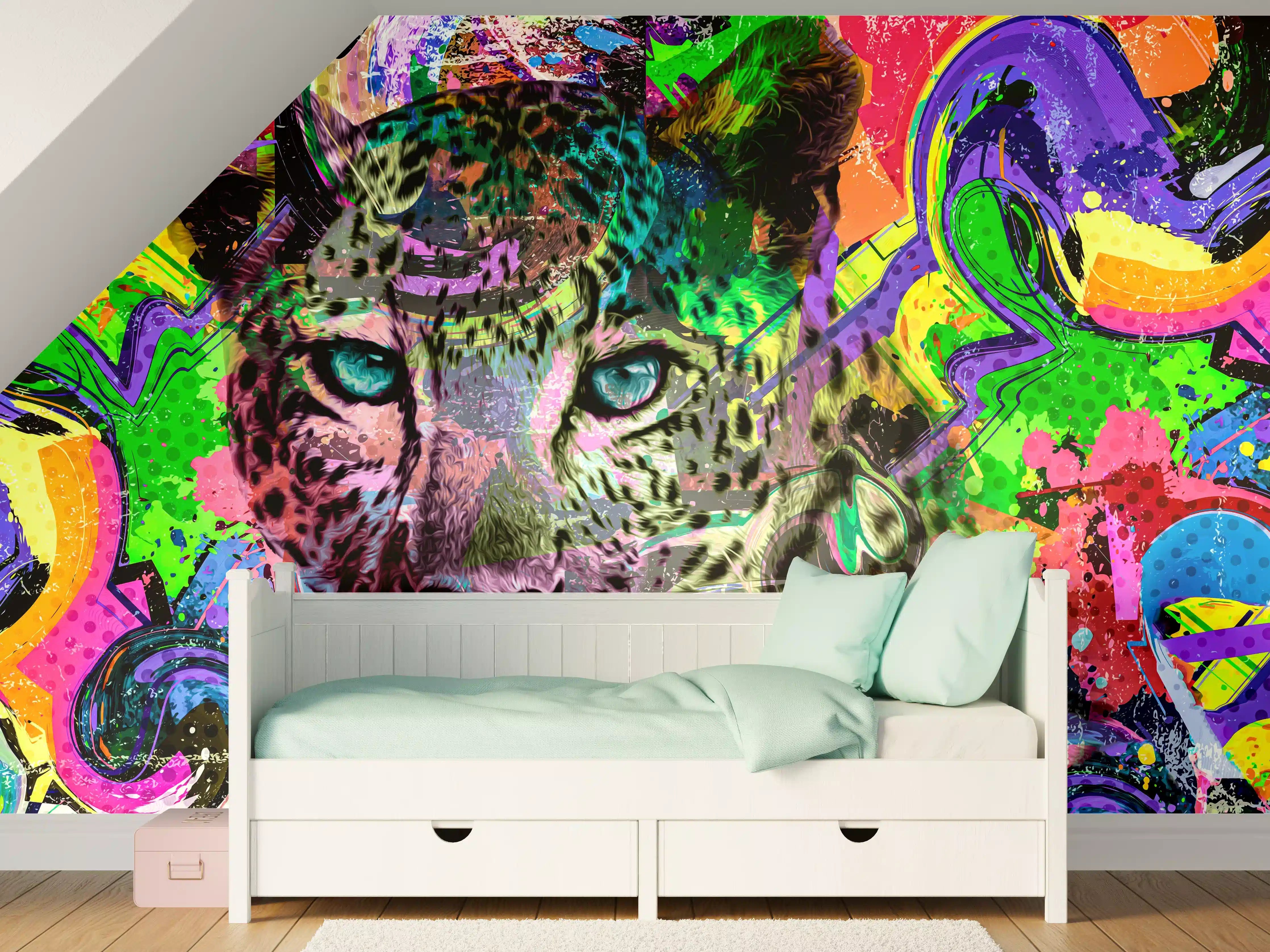 Kinderzimmer Wandgestaltung - Bunter abstrakter Leopardenkopf