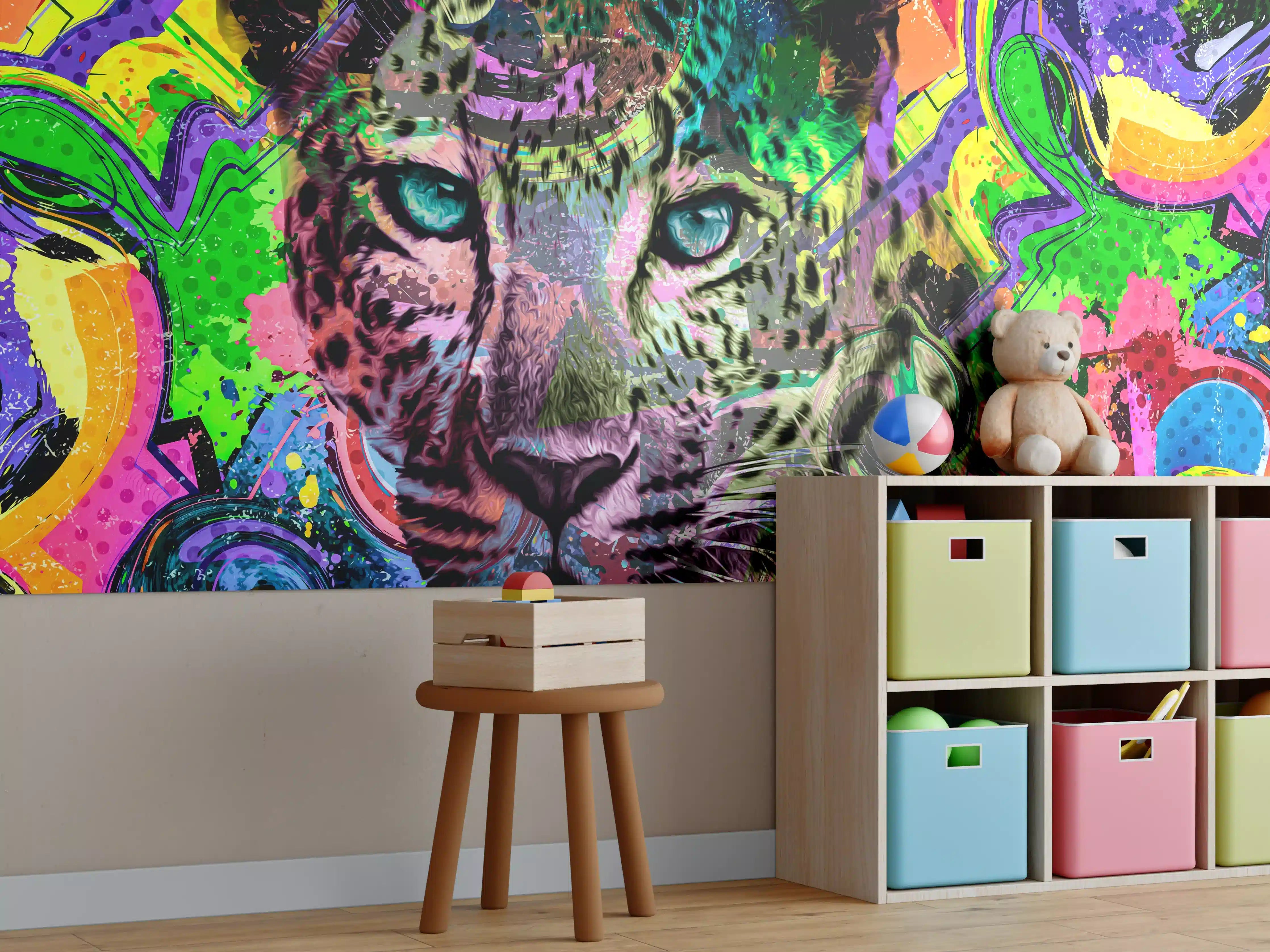 Kinderzimmer Wandgestaltung - Bunter abstrakter Leopardenkopf