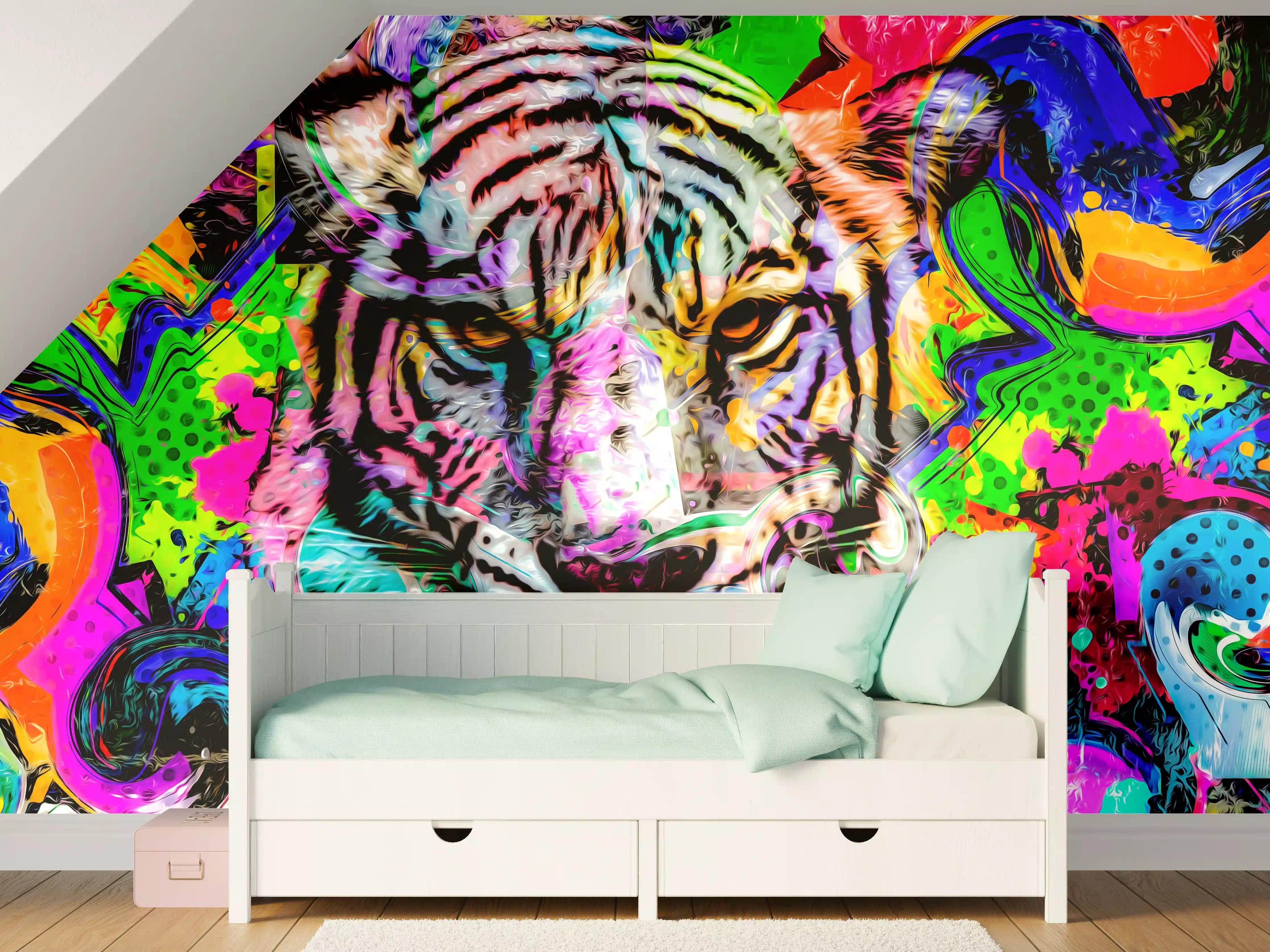 Kinderzimmer Wandgestaltung - Bunter abstrakter Tigerkopf