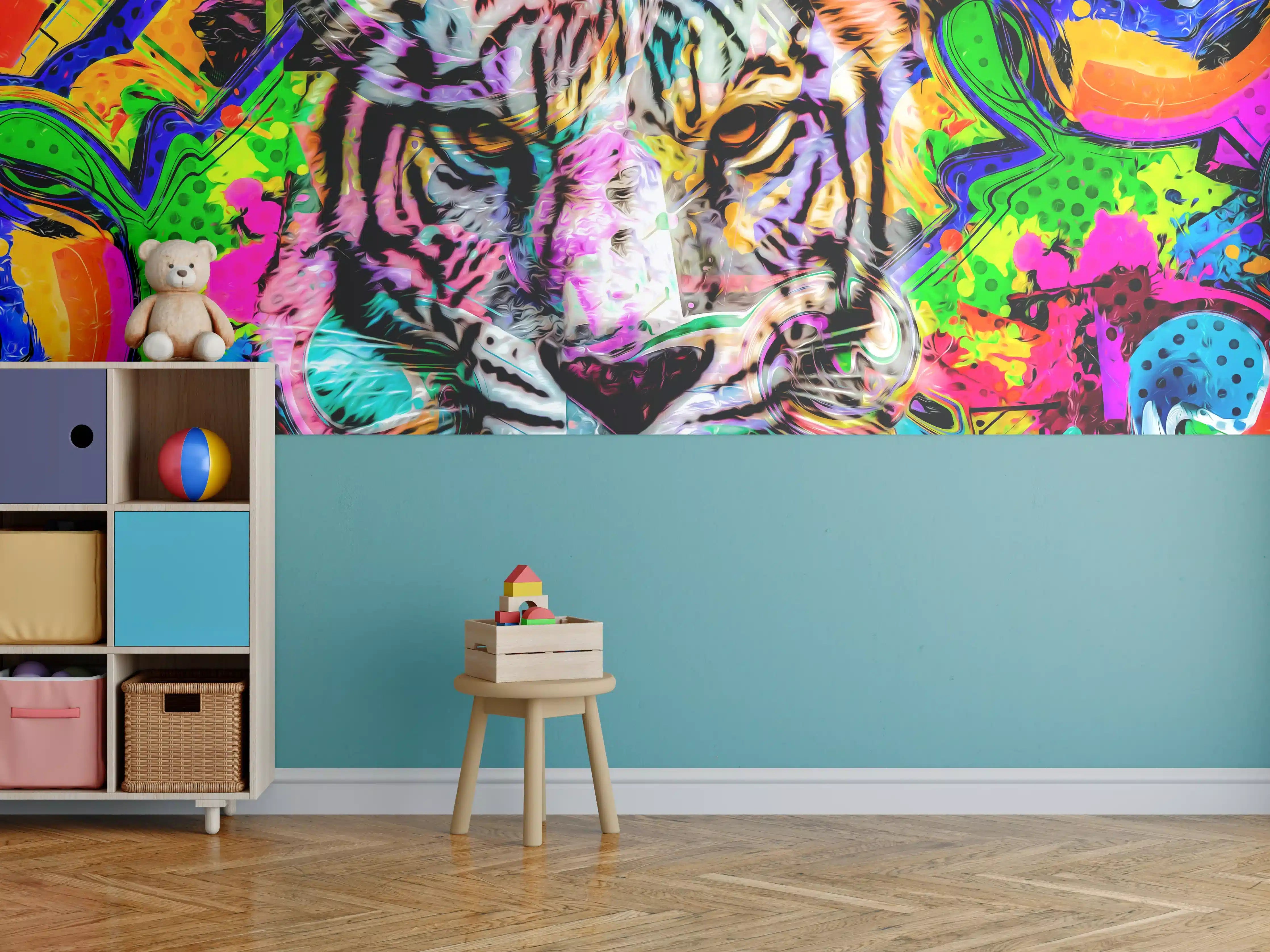 Kinderzimmer Wandgestaltung - Bunter abstrakter Tigerkopf