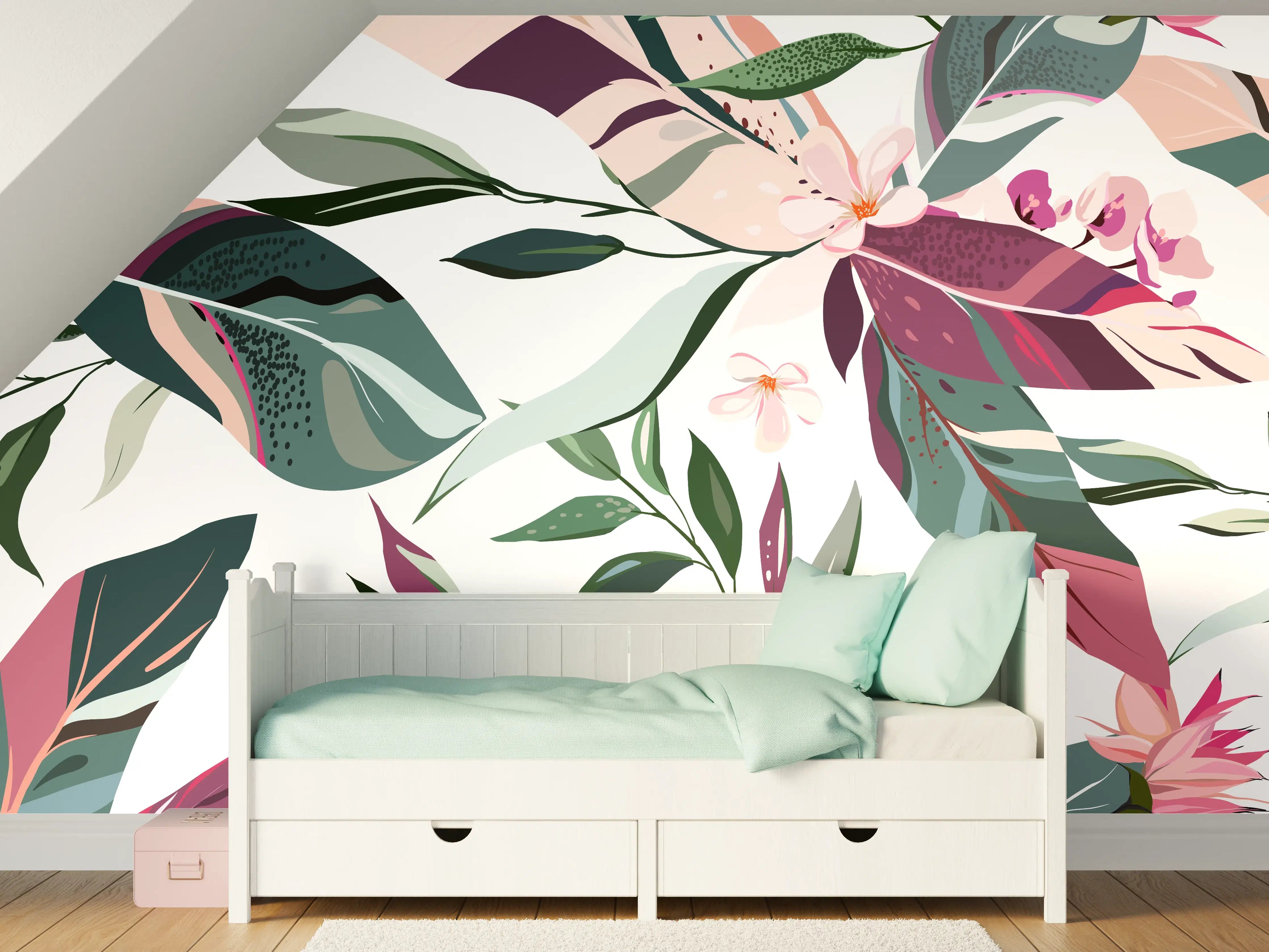 Kinderzimmer Wandgestaltung - Buntes Blumen-Pflanzen Muster