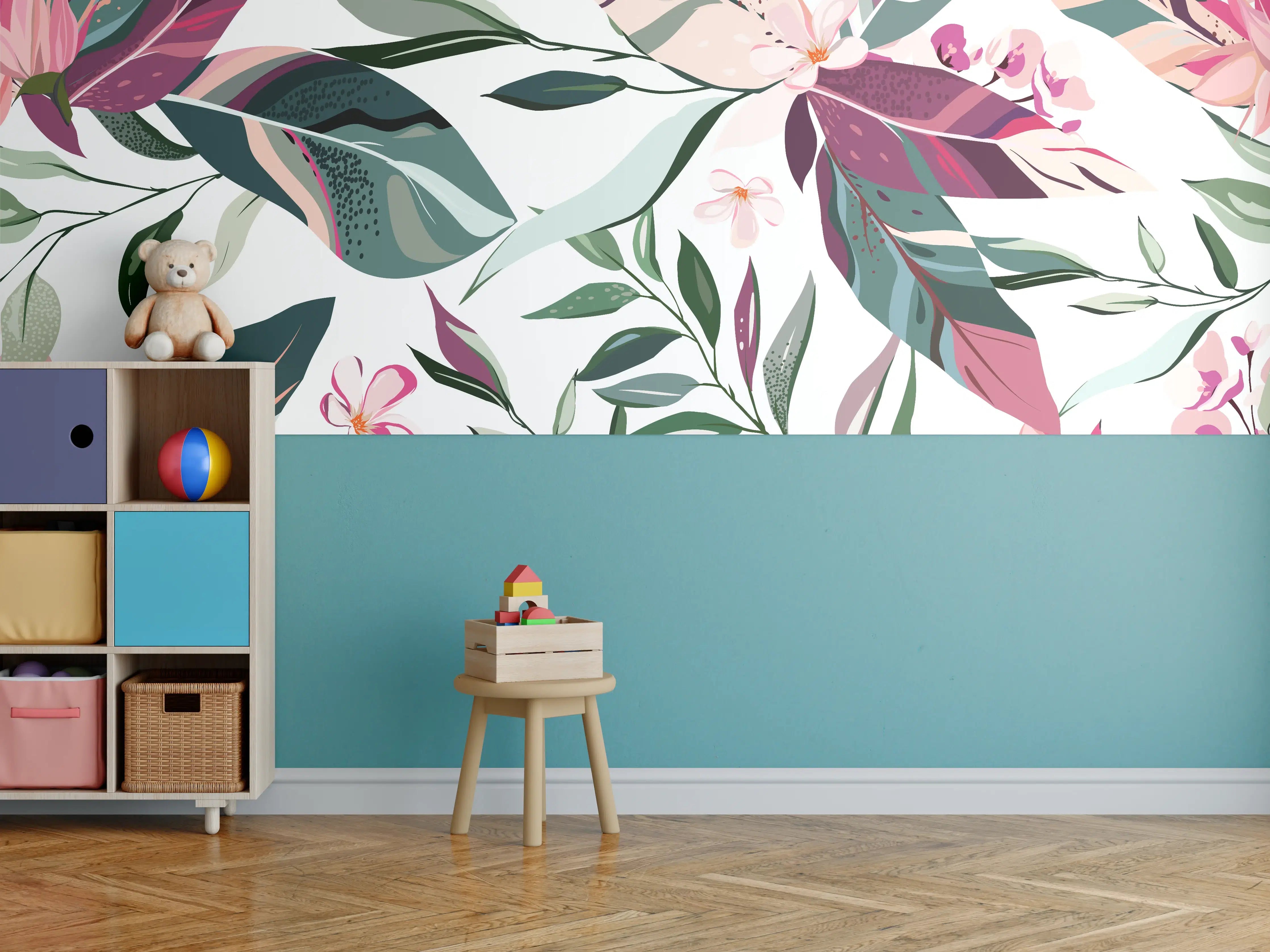 Kinderzimmer Wandgestaltung - Buntes Blumen-Pflanzen Muster