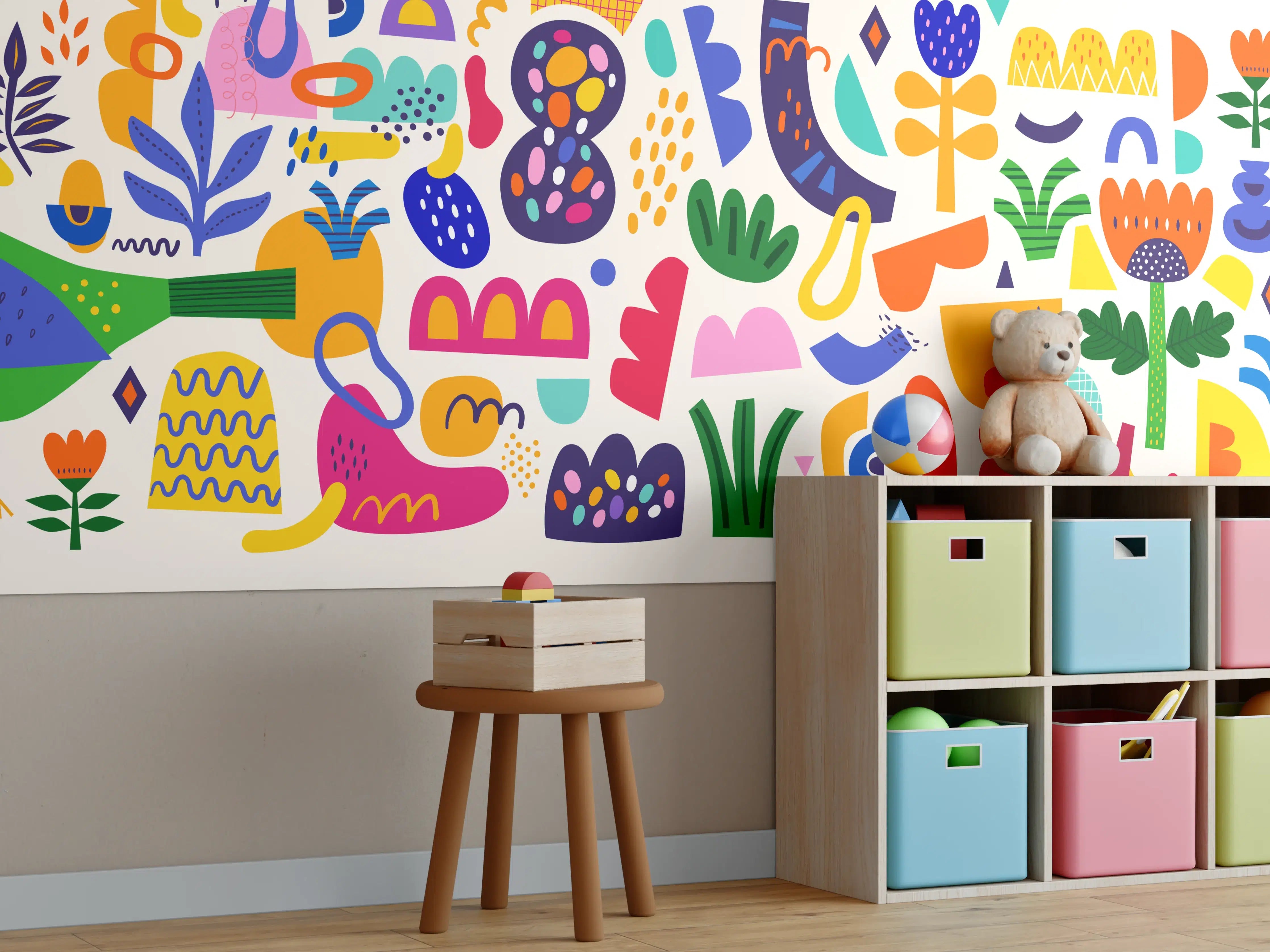Kinderzimmer Wandgestaltung - Buntes Blumenmuster in fröhlichen Farben