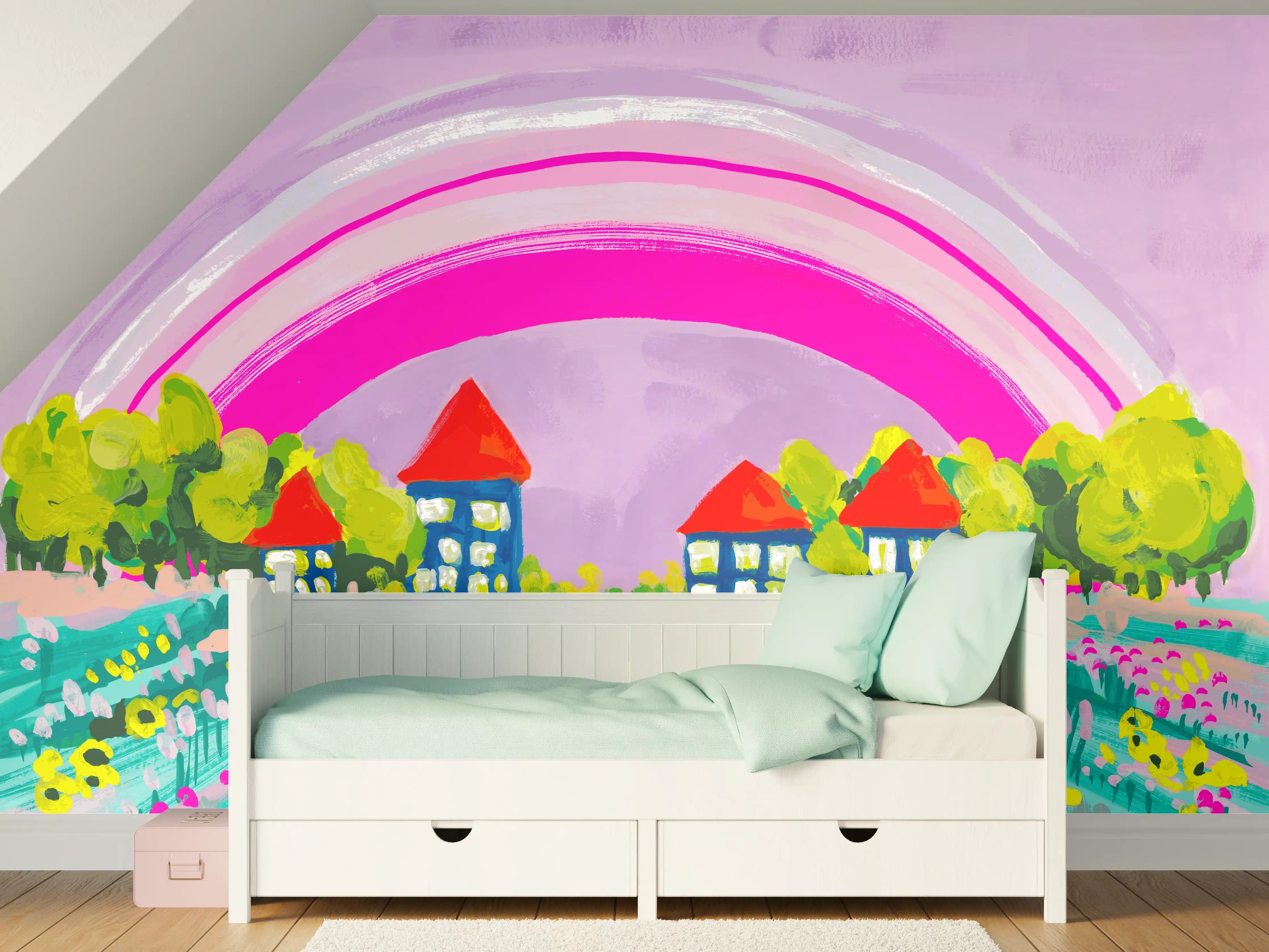 Kinderzimmer Wandgestaltung - Buntes Dorf mit Regenbogen