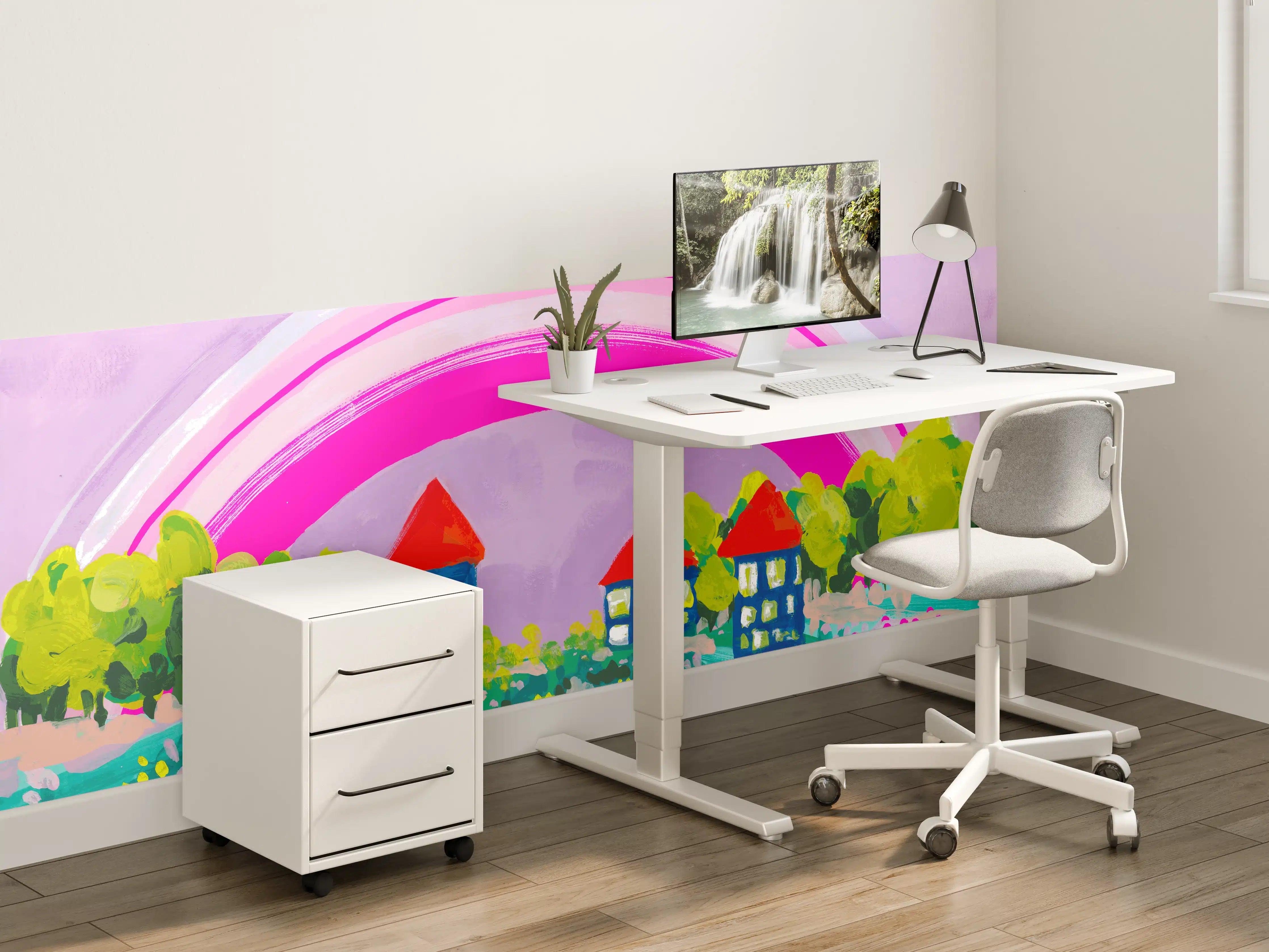 Kinderzimmer Wandgestaltung - Buntes Dorf mit Regenbogen