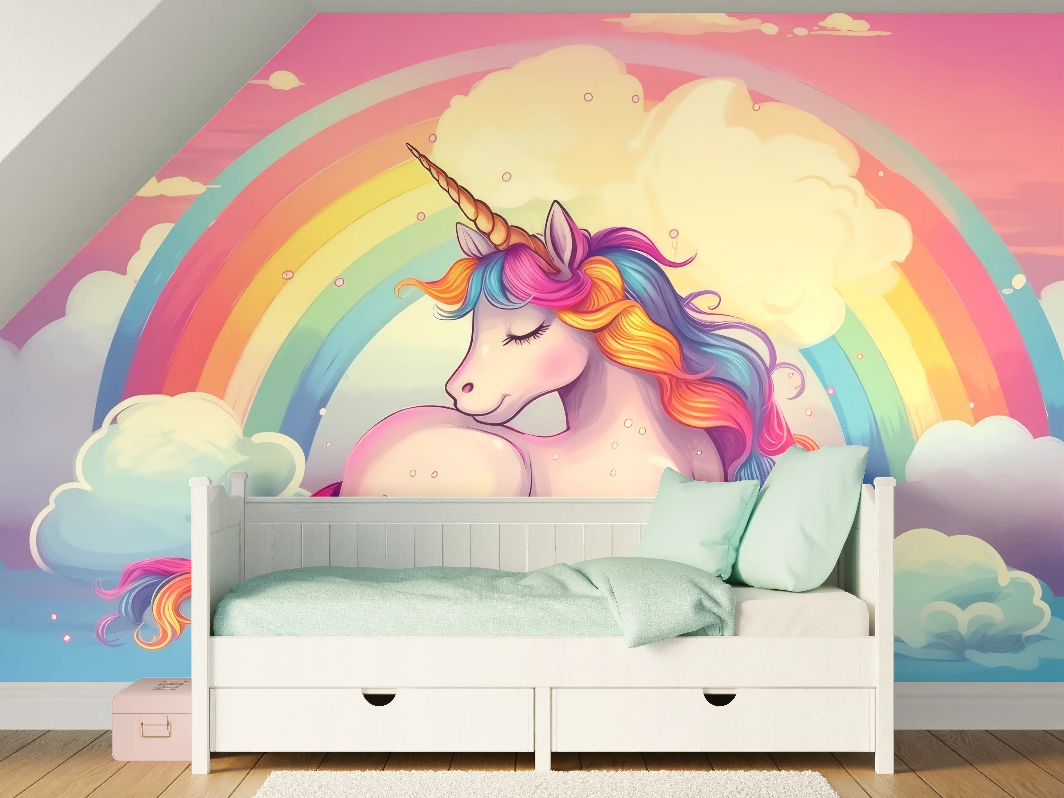 Kinderzimmer Wandgestaltung - Buntes Einhorn mit Regenbogen und Wolken