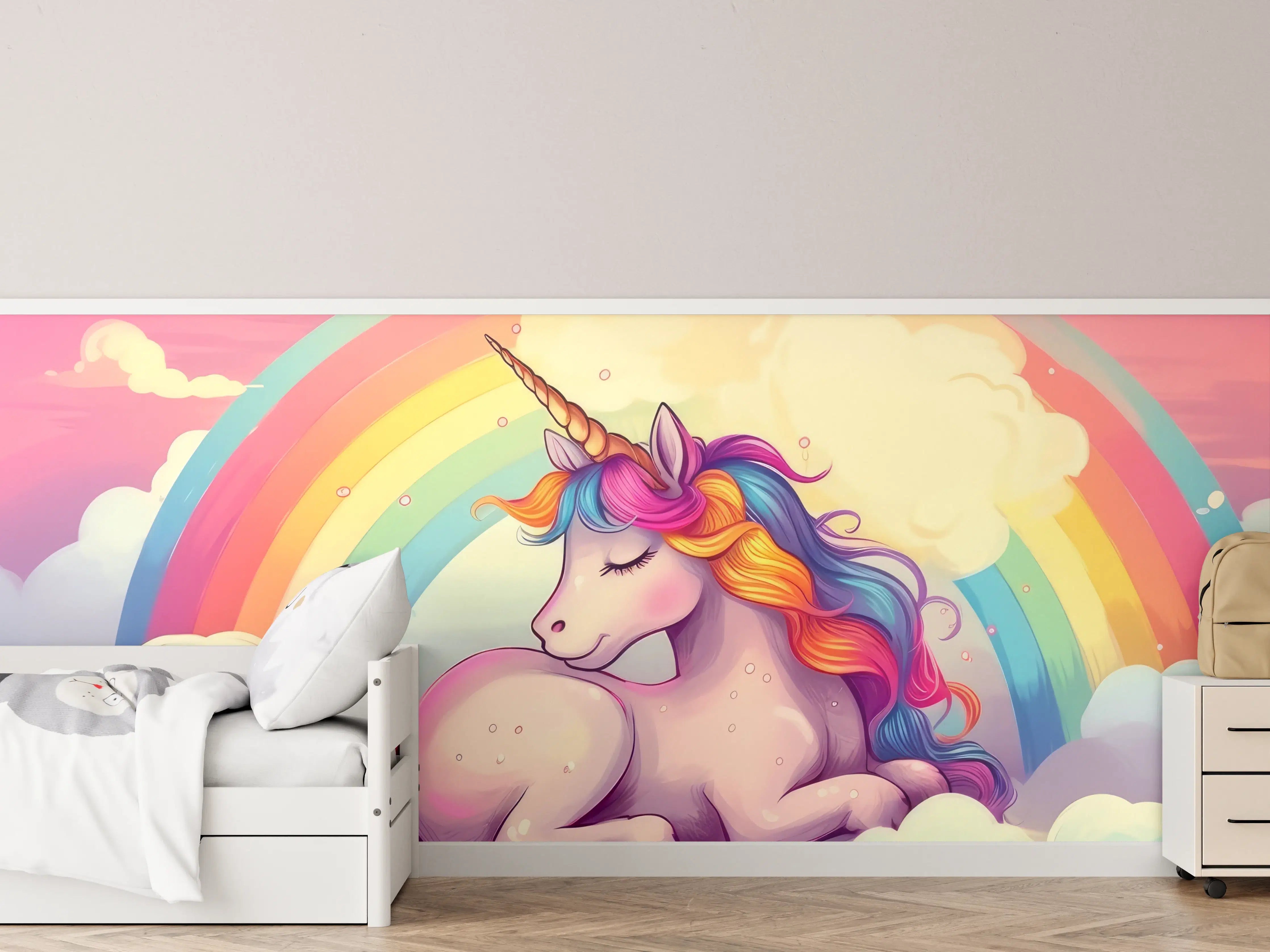 Kinderzimmer Wandgestaltung - Buntes Einhorn mit Regenbogen und Wolken