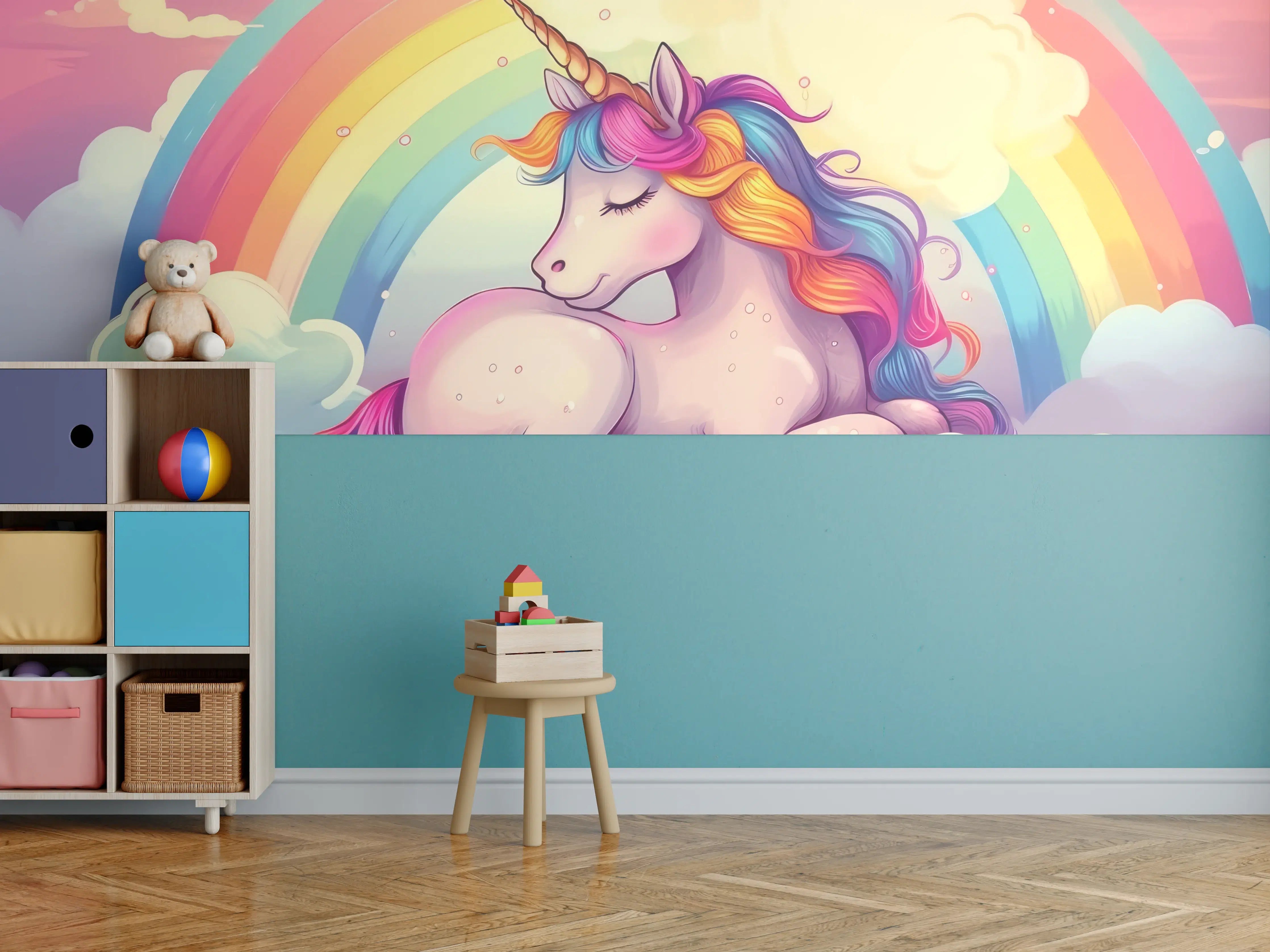 Kinderzimmer Wandgestaltung - Buntes Einhorn mit Regenbogen und Wolken