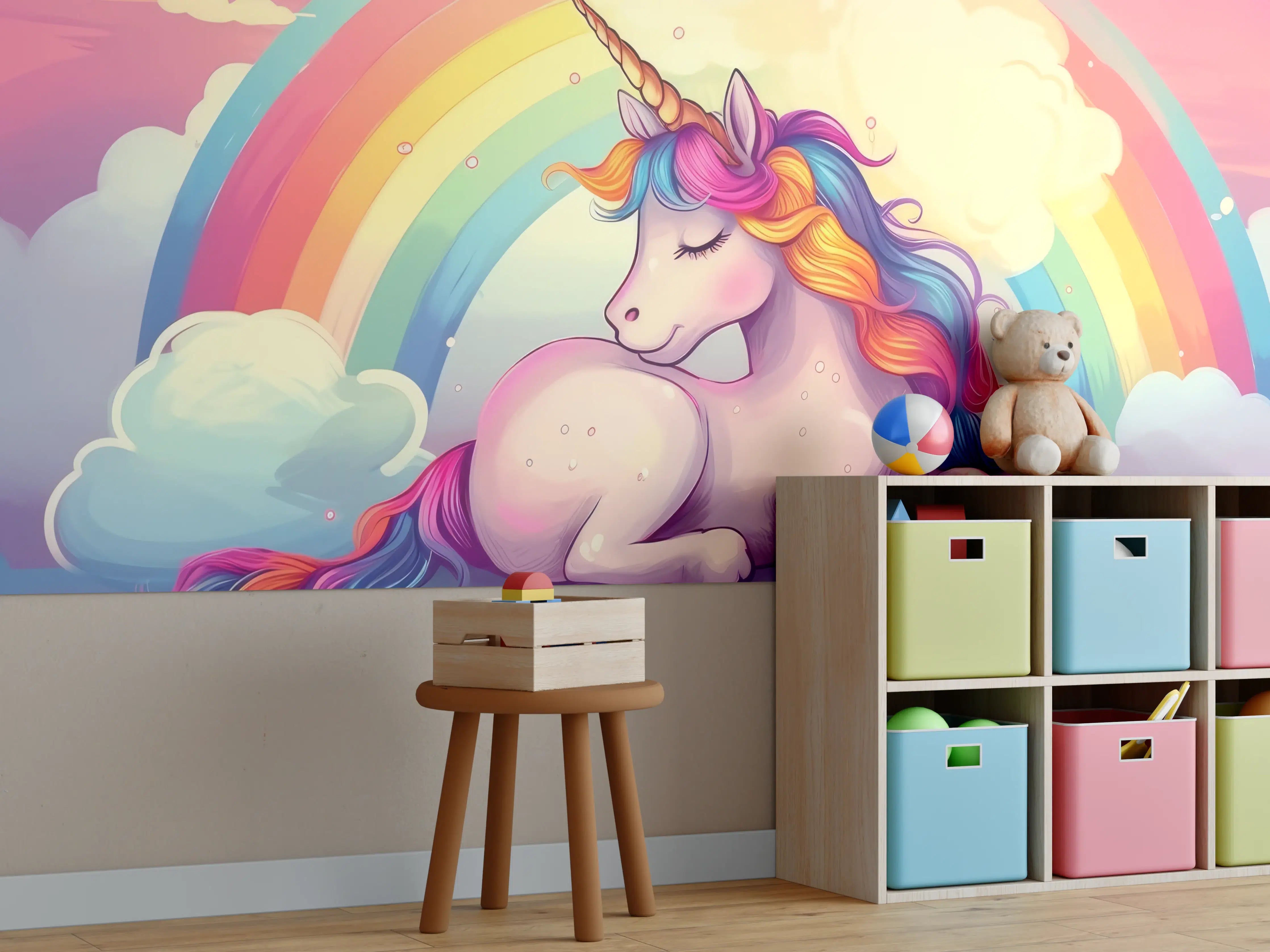 Kinderzimmer Wandgestaltung - Buntes Einhorn mit Regenbogen und Wolken