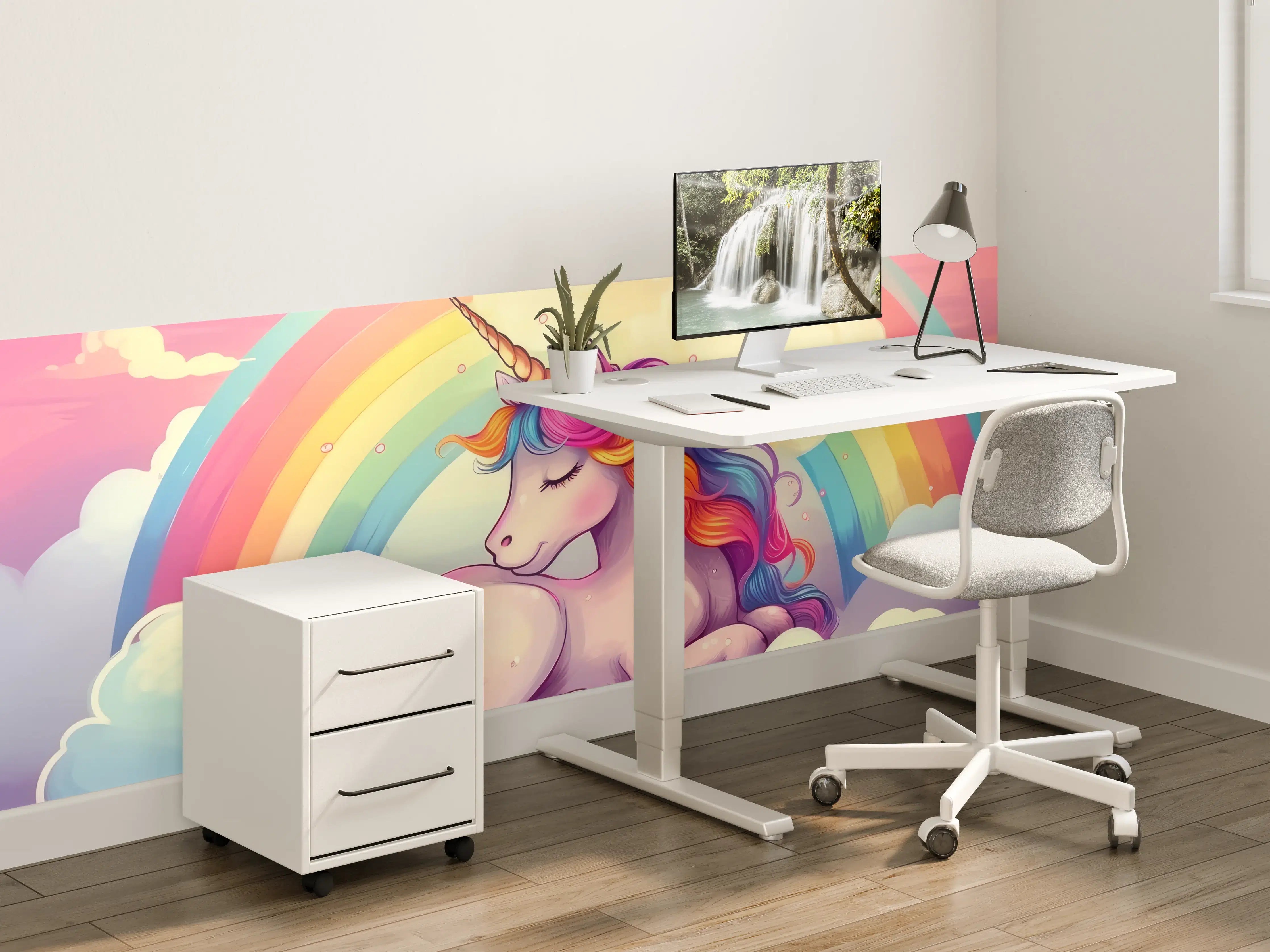 Kinderzimmer Wandgestaltung - Buntes Einhorn mit Regenbogen und Wolken
