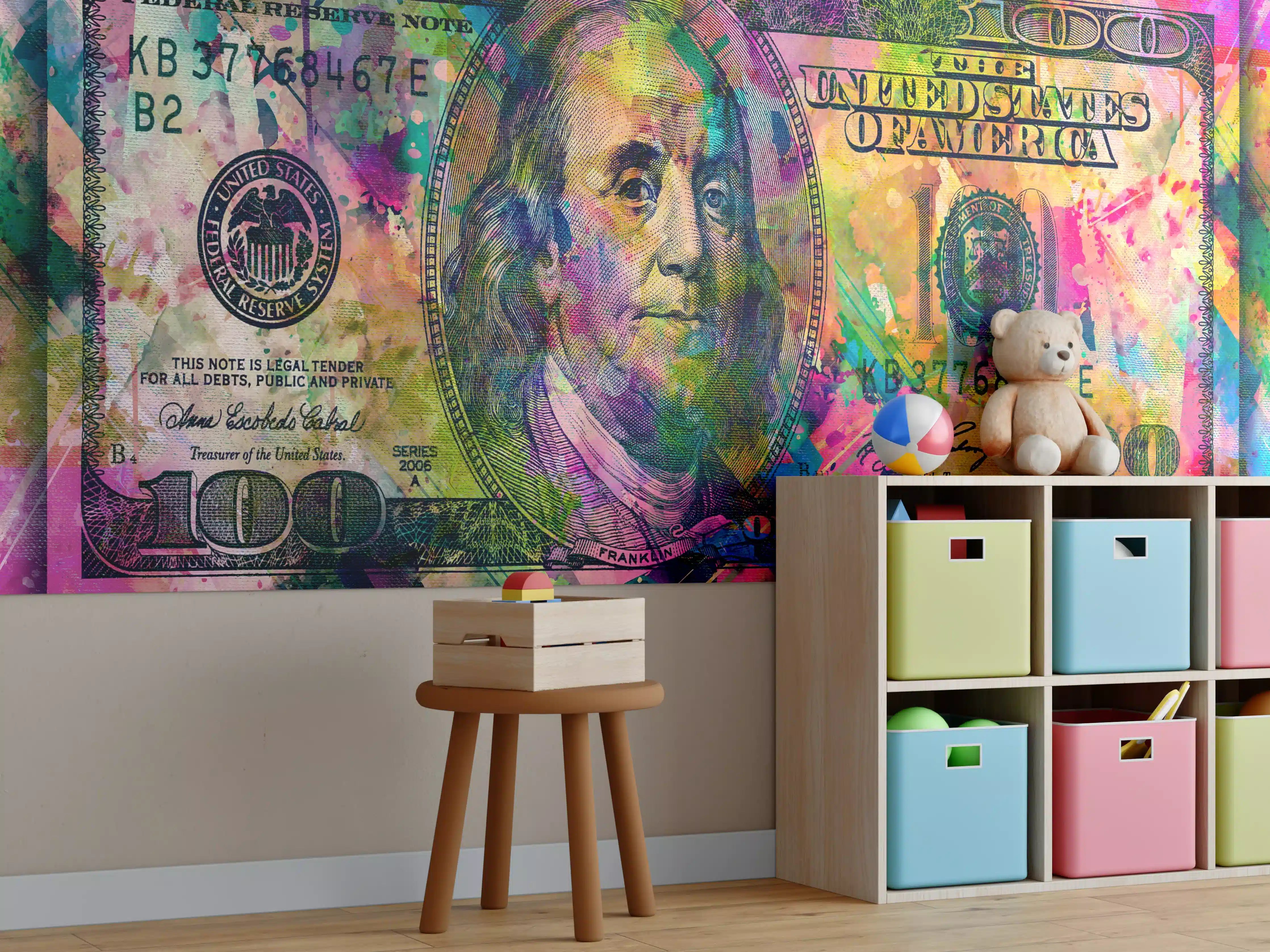 Kinderzimmer Wandgestaltung - Buntes Geld-Kunstwerk-Leinwandbild