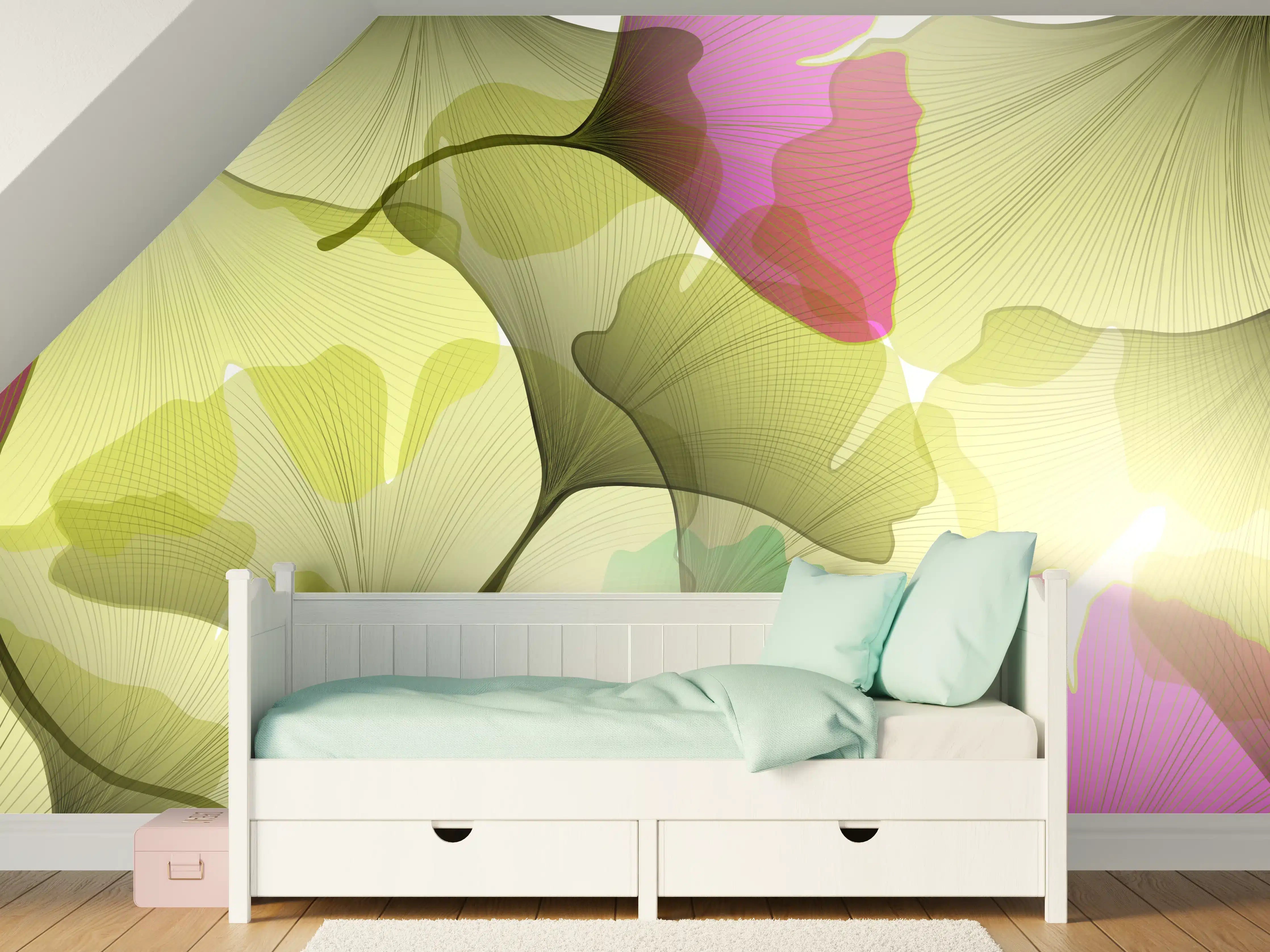 Kinderzimmer Wandgestaltung - Buntes Ginkgo Blätter Design