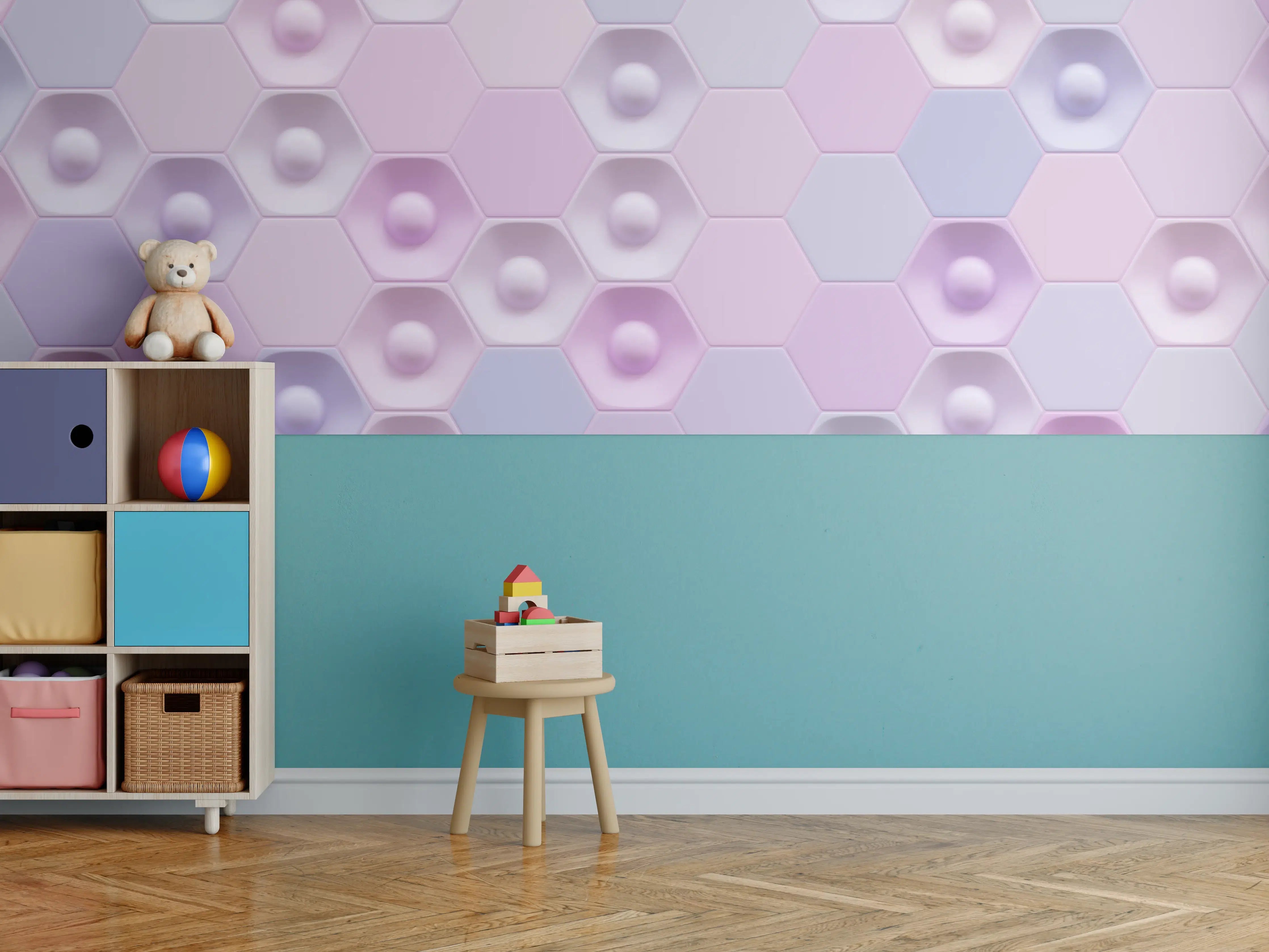 Kinderzimmer Wandgestaltung - Buntes Hexagon-Muster 3D