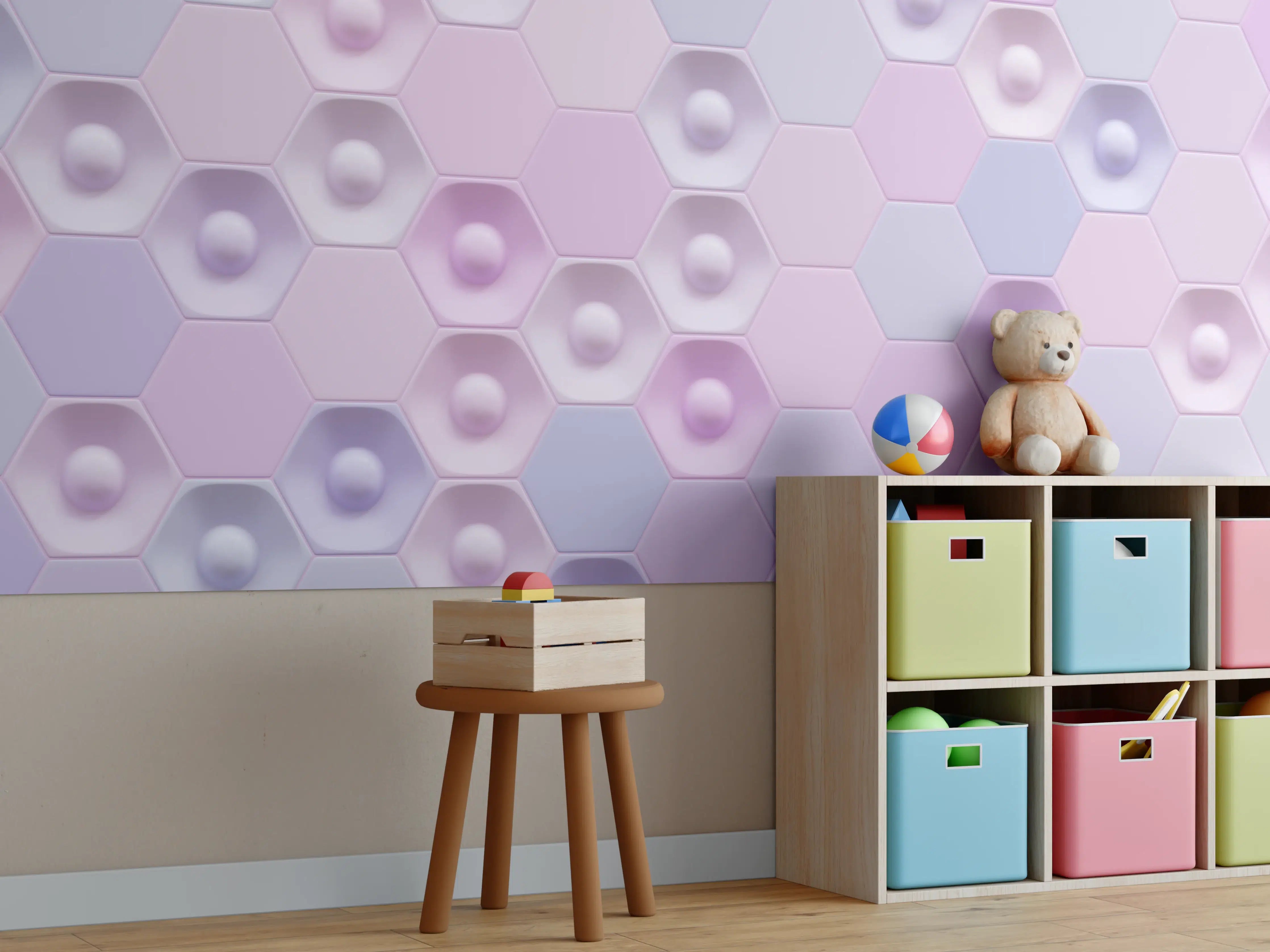 Kinderzimmer Wandgestaltung - Buntes Hexagon-Muster 3D