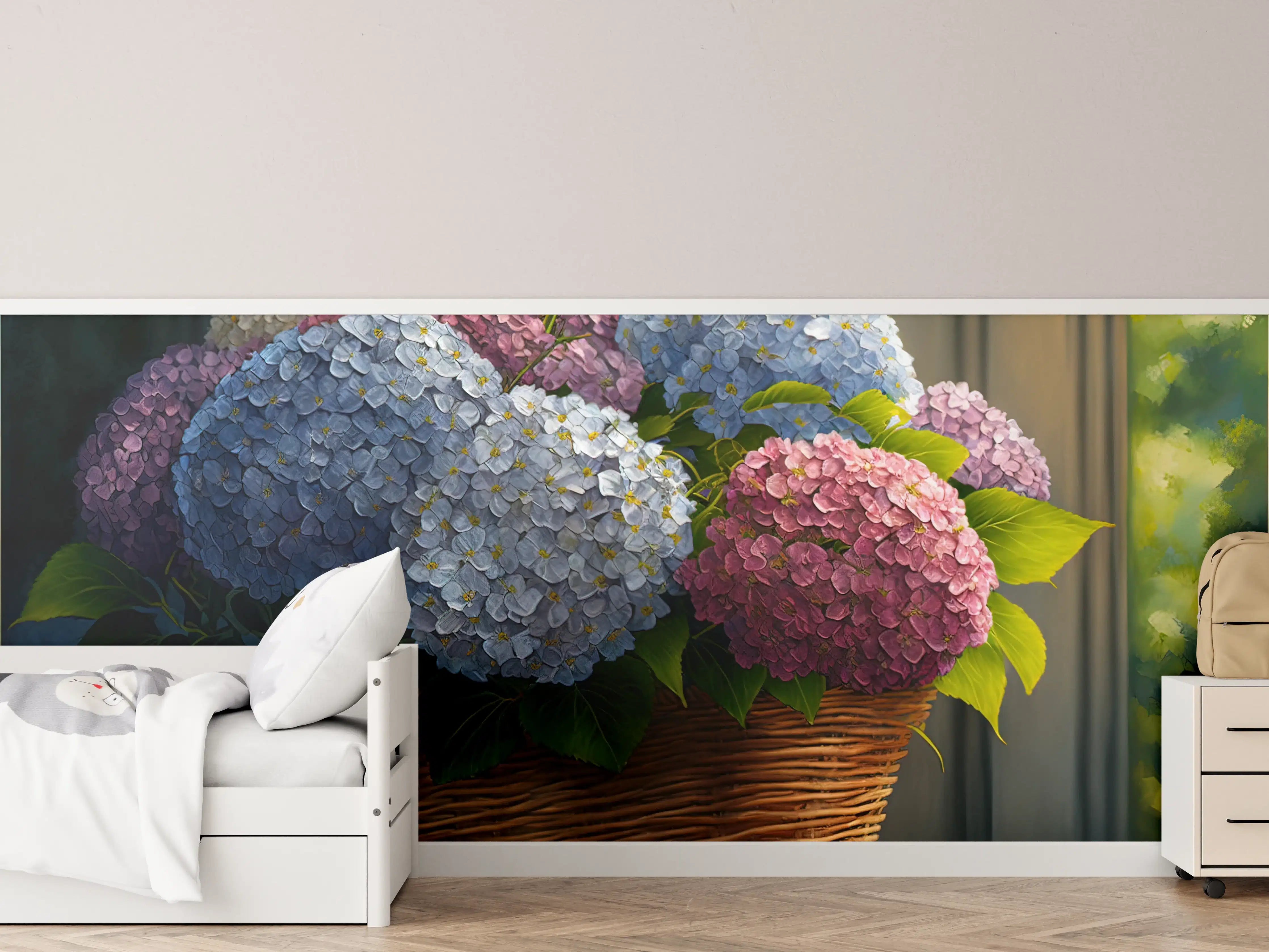 Kinderzimmer Wandgestaltung - Buntes Hortensien Blumenarrangement