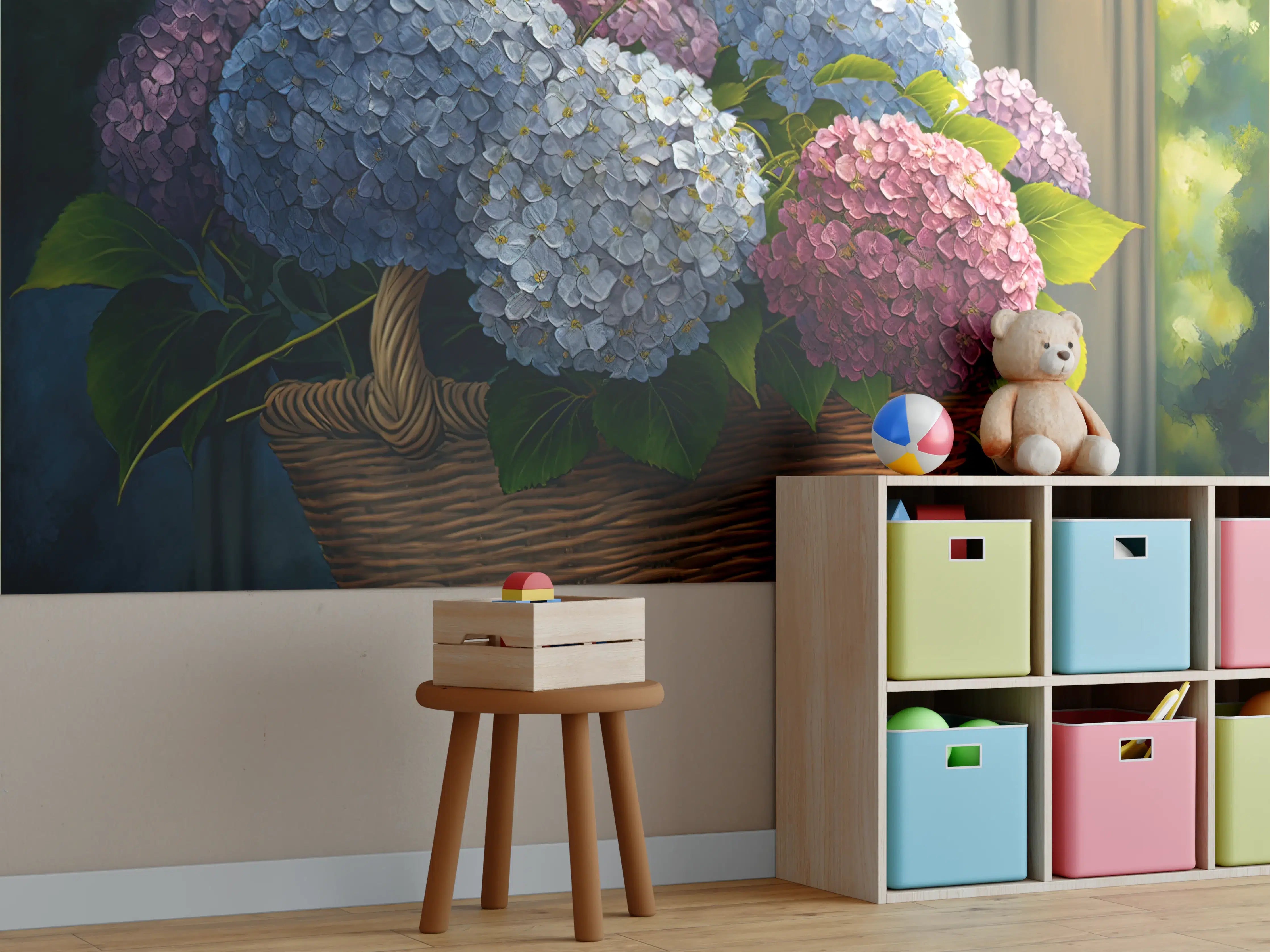 Kinderzimmer Wandgestaltung - Buntes Hortensien Blumenarrangement