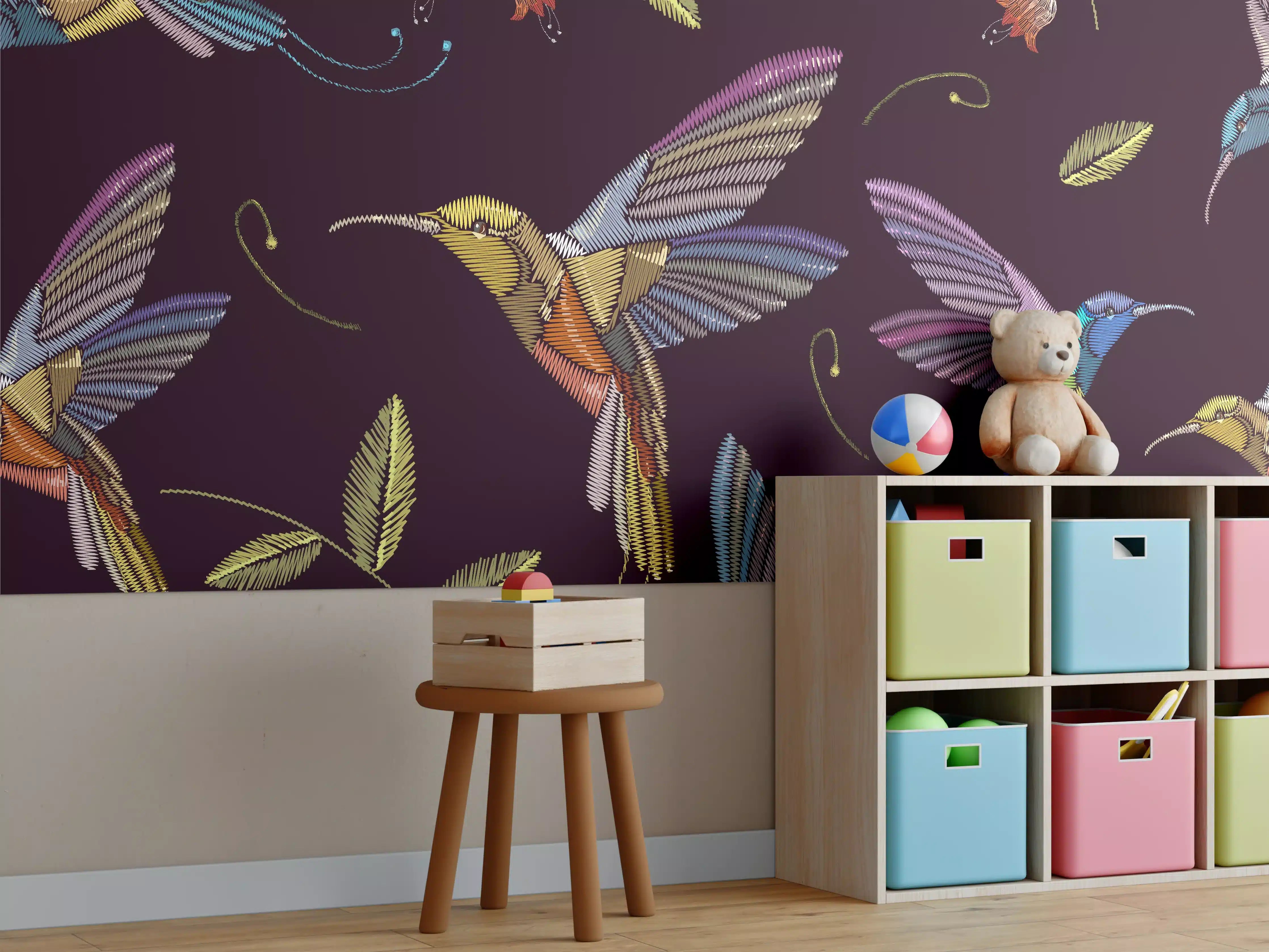 Kinderzimmer Wandgestaltung - Buntes Kolibri Blumen Muster