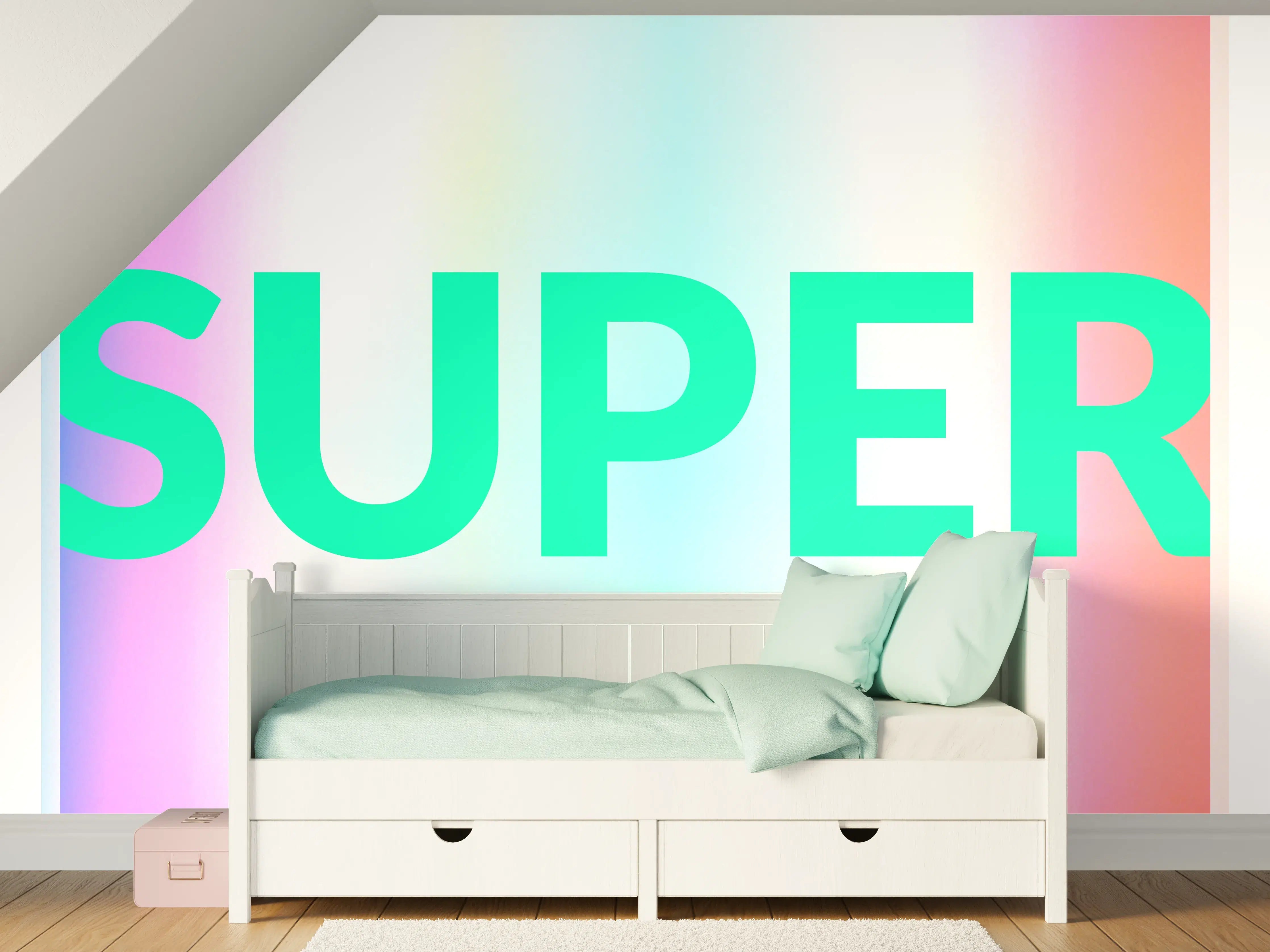 Kinderzimmer Wandgestaltung - Buntes Leuchten 'SUPER' Grafikdesign