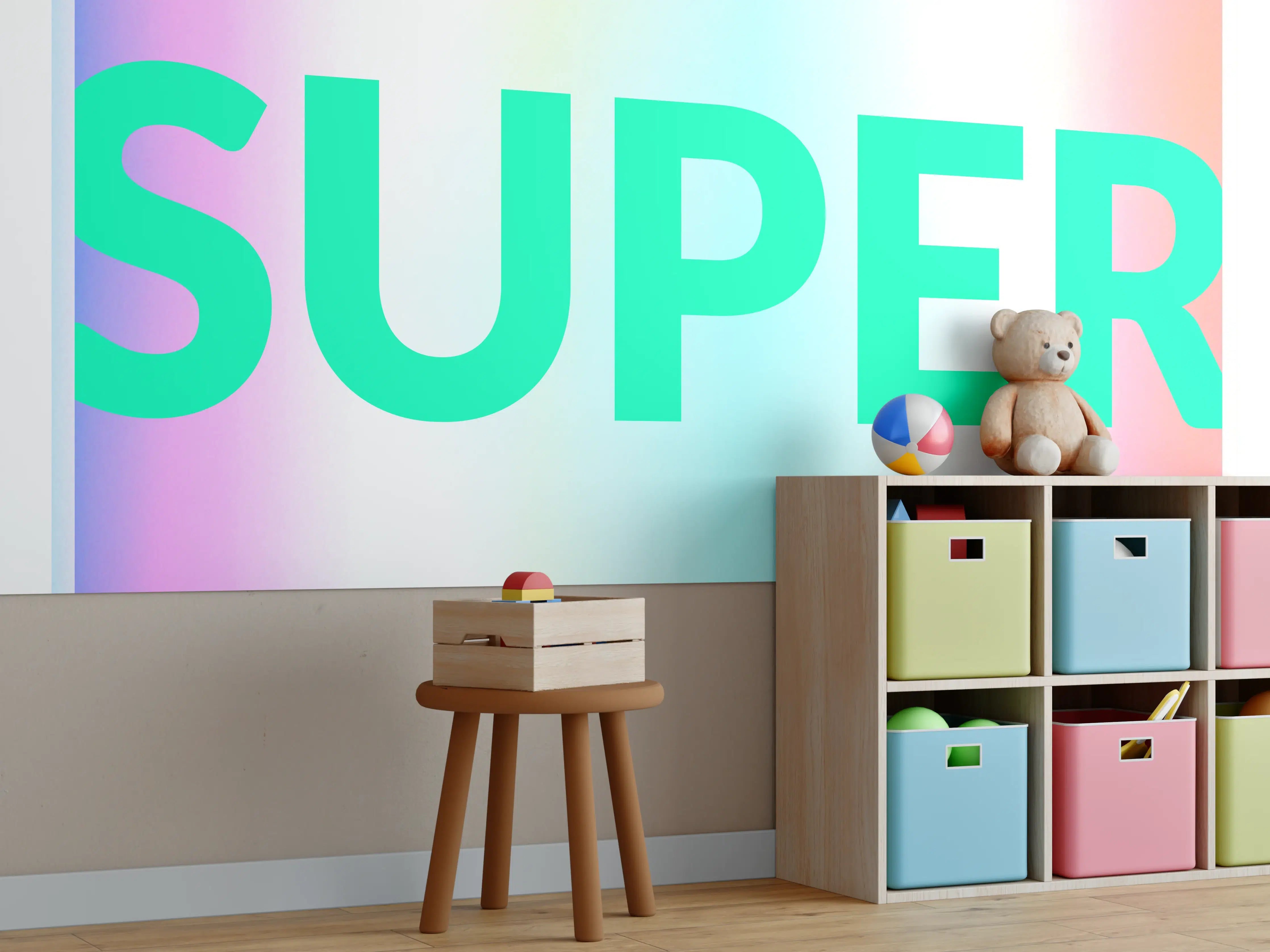 Kinderzimmer Wandgestaltung - Buntes Leuchten 'SUPER' Grafikdesign
