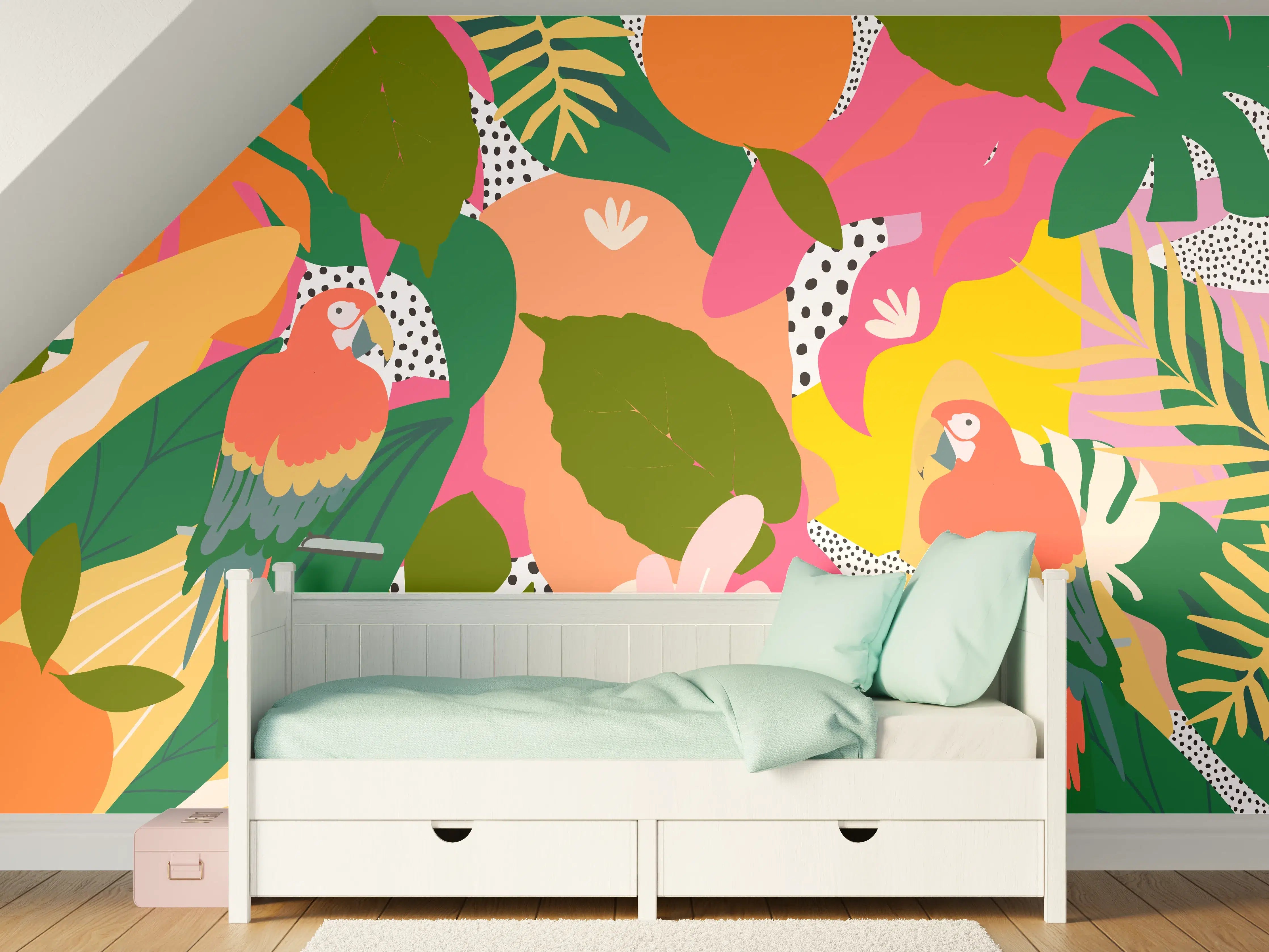 Kinderzimmer Wandgestaltung - Buntes Papagei-Dschungelmuster