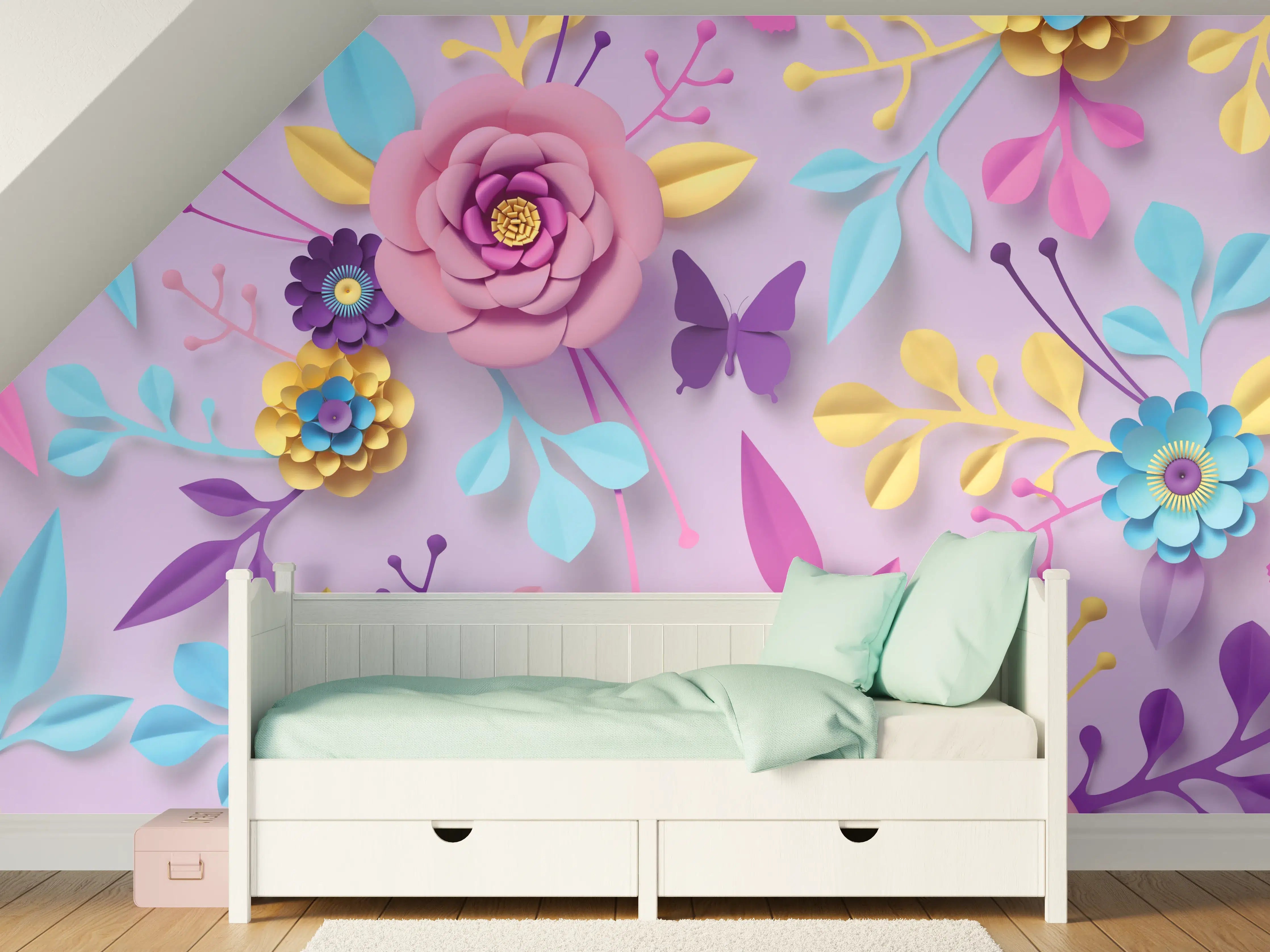 Kinderzimmer Wandgestaltung - Buntes Papierblumen-Wandbild