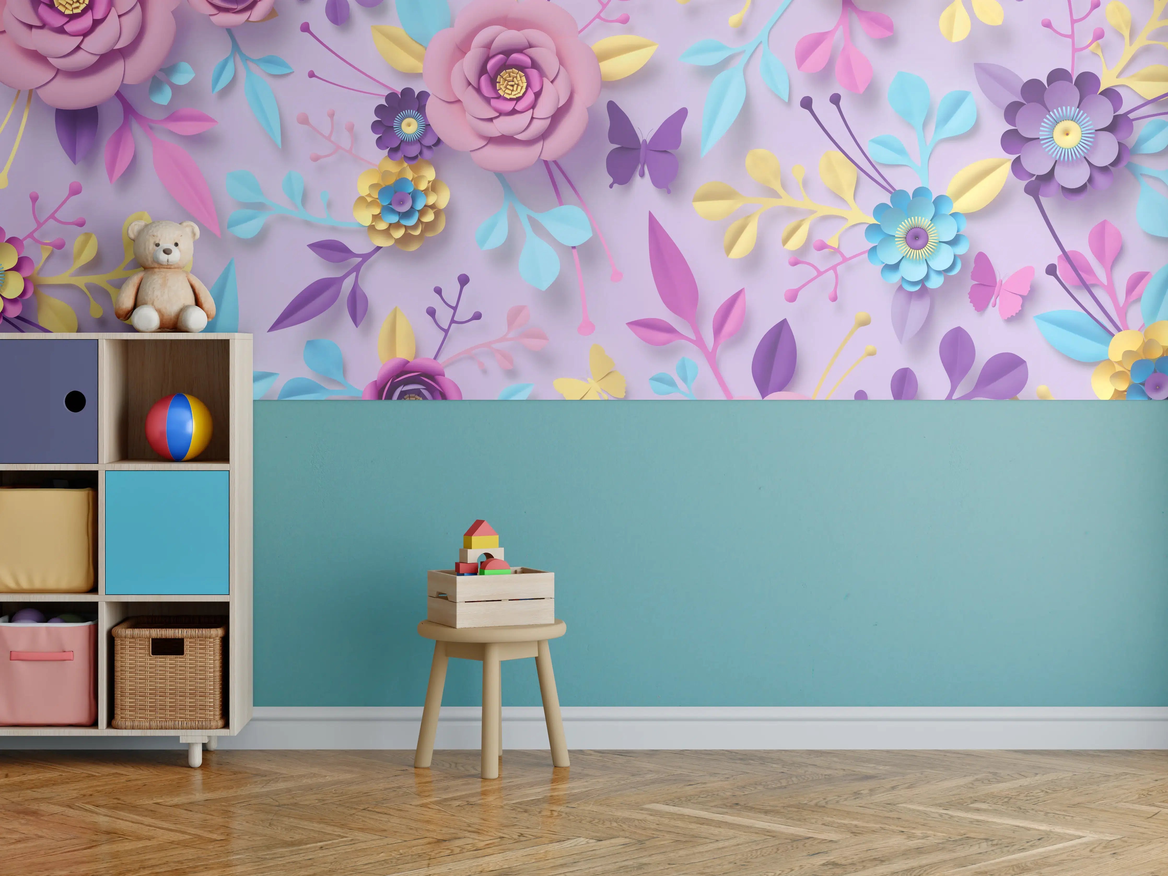 Kinderzimmer Wandgestaltung - Buntes Papierblumen-Wandbild