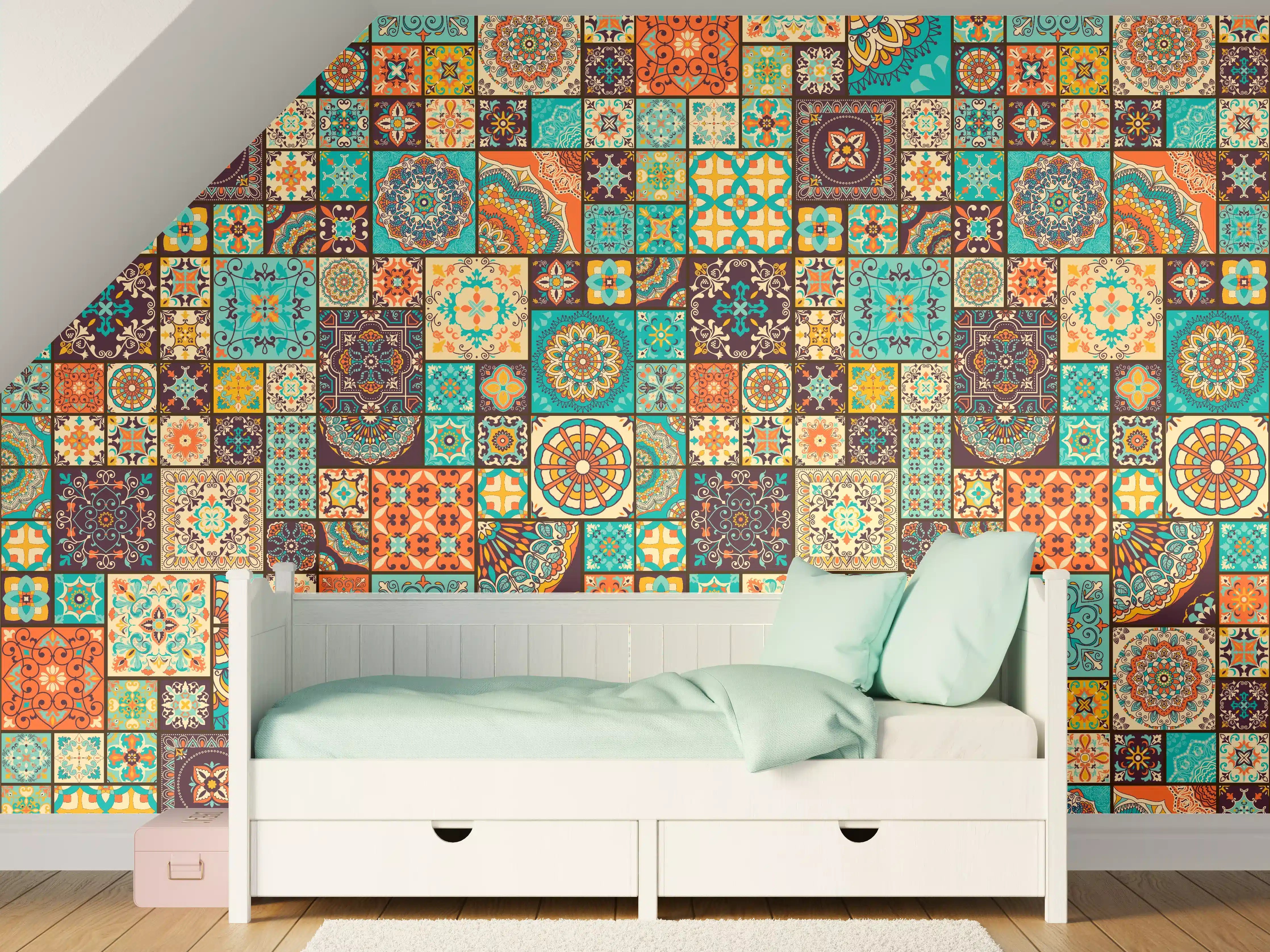 Kinderzimmer Wandgestaltung - Buntes Patchwork Fliesenmuster