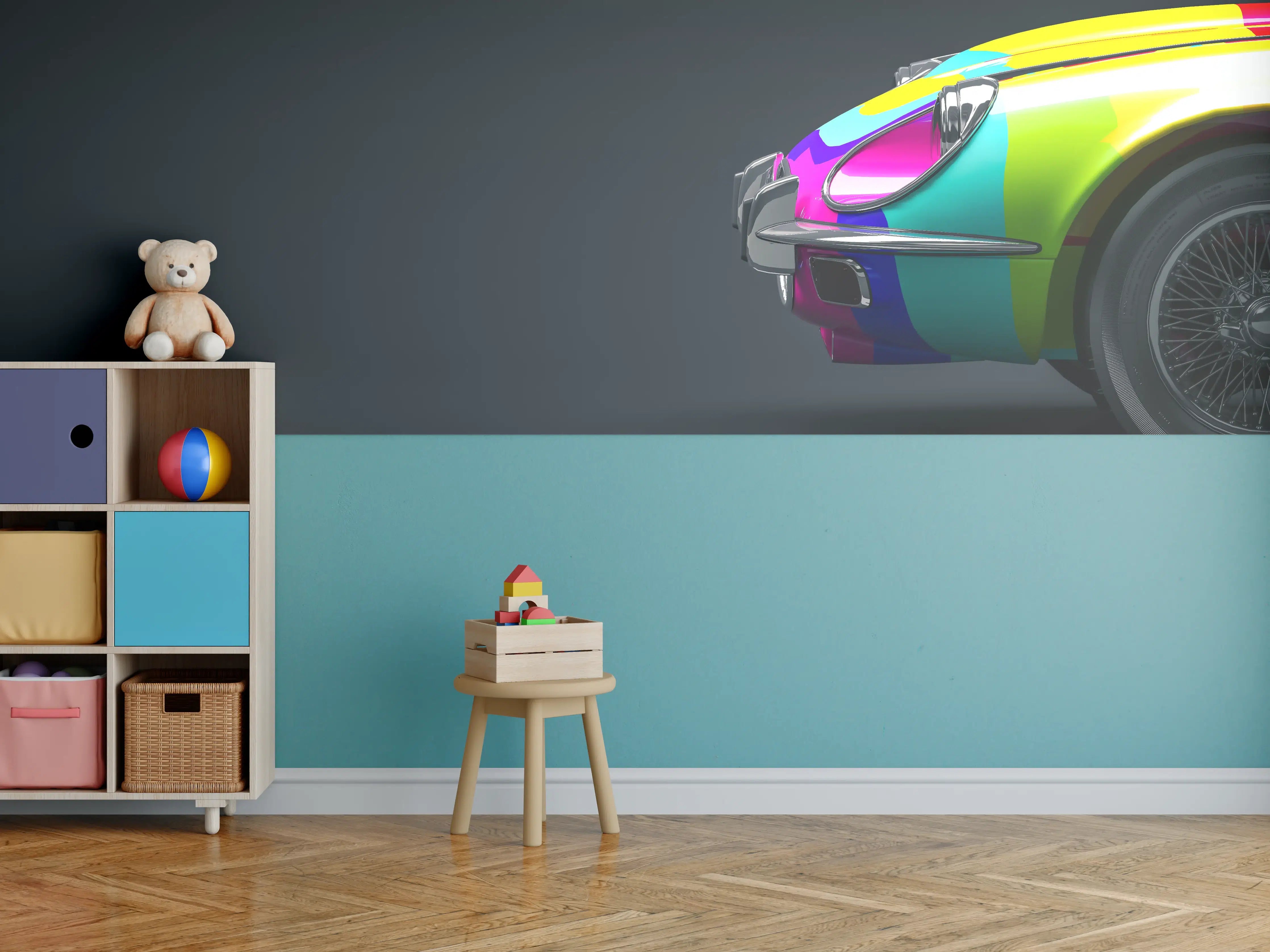 Kinderzimmer Wandgestaltung - Buntes Retro Auto 3D