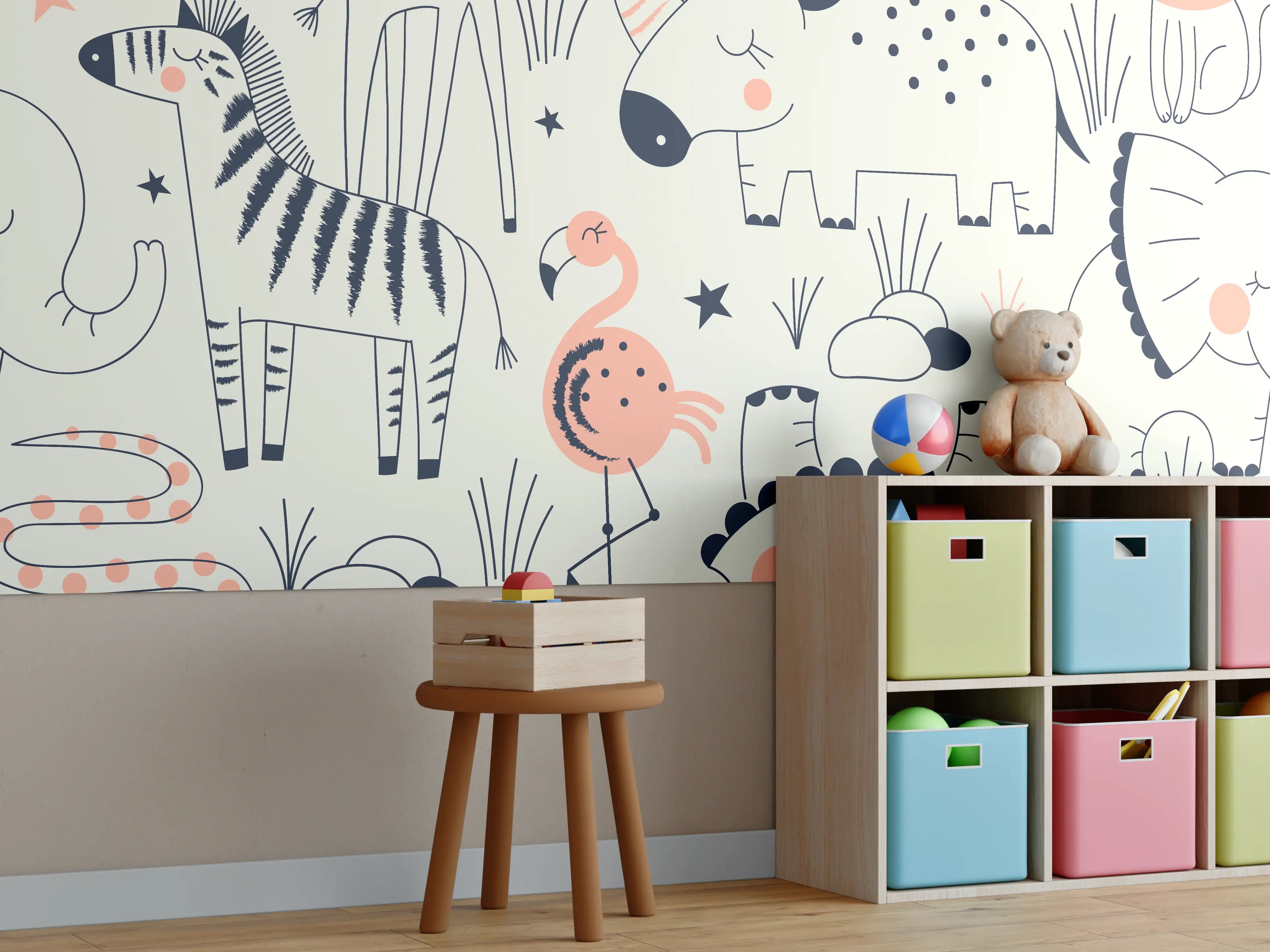 Kinderzimmer Wandgestaltung - Buntes Tiermuster Print