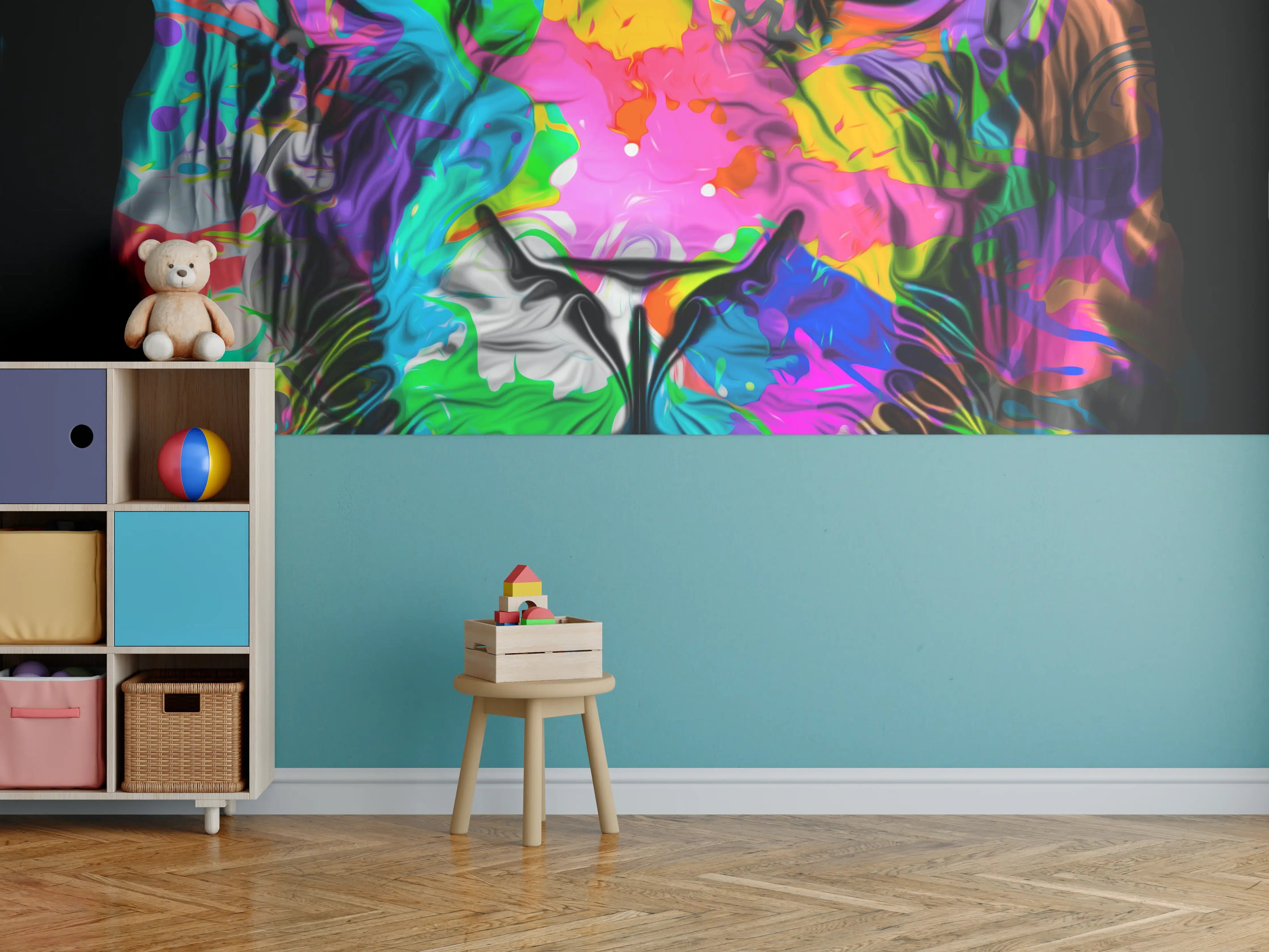 Kinderzimmer Wandgestaltung - Buntes Tigerkopfdesign