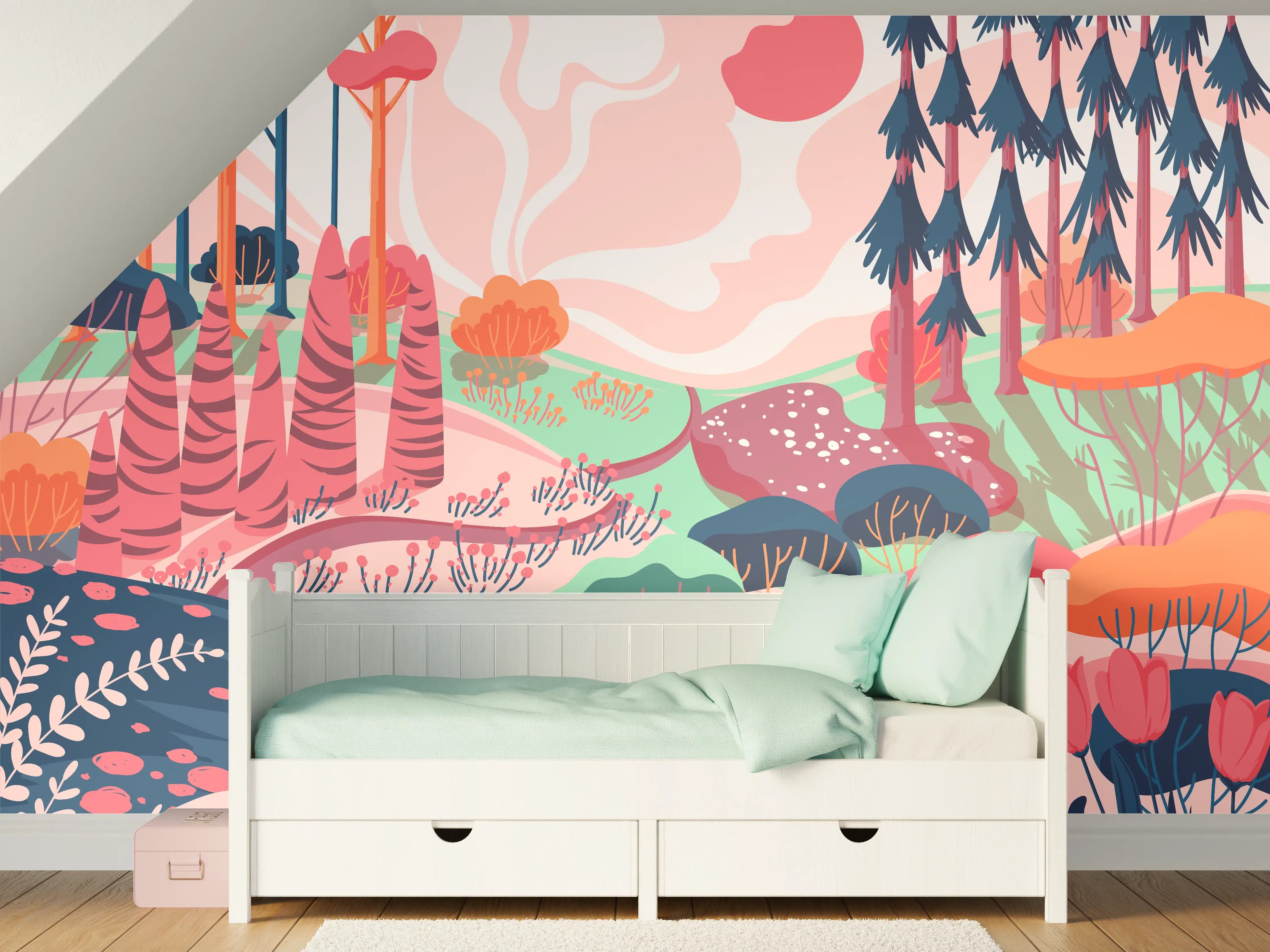 Kinderzimmer Wandgestaltung - Buntes Waldlandschaft Illustration