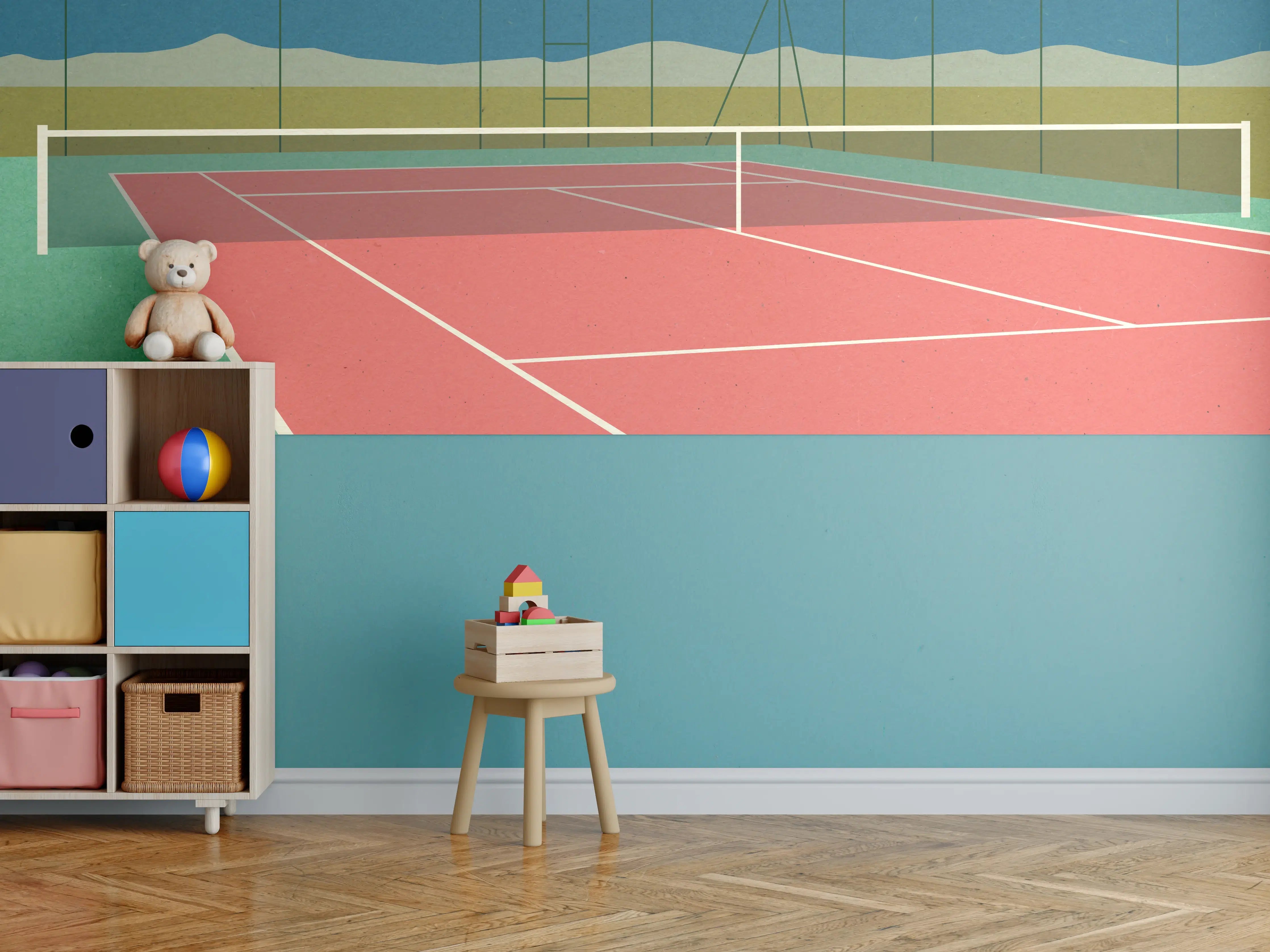 Kinderzimmer Wandgestaltung - Buntes Wüsten-Tennis-Court Papierkunst