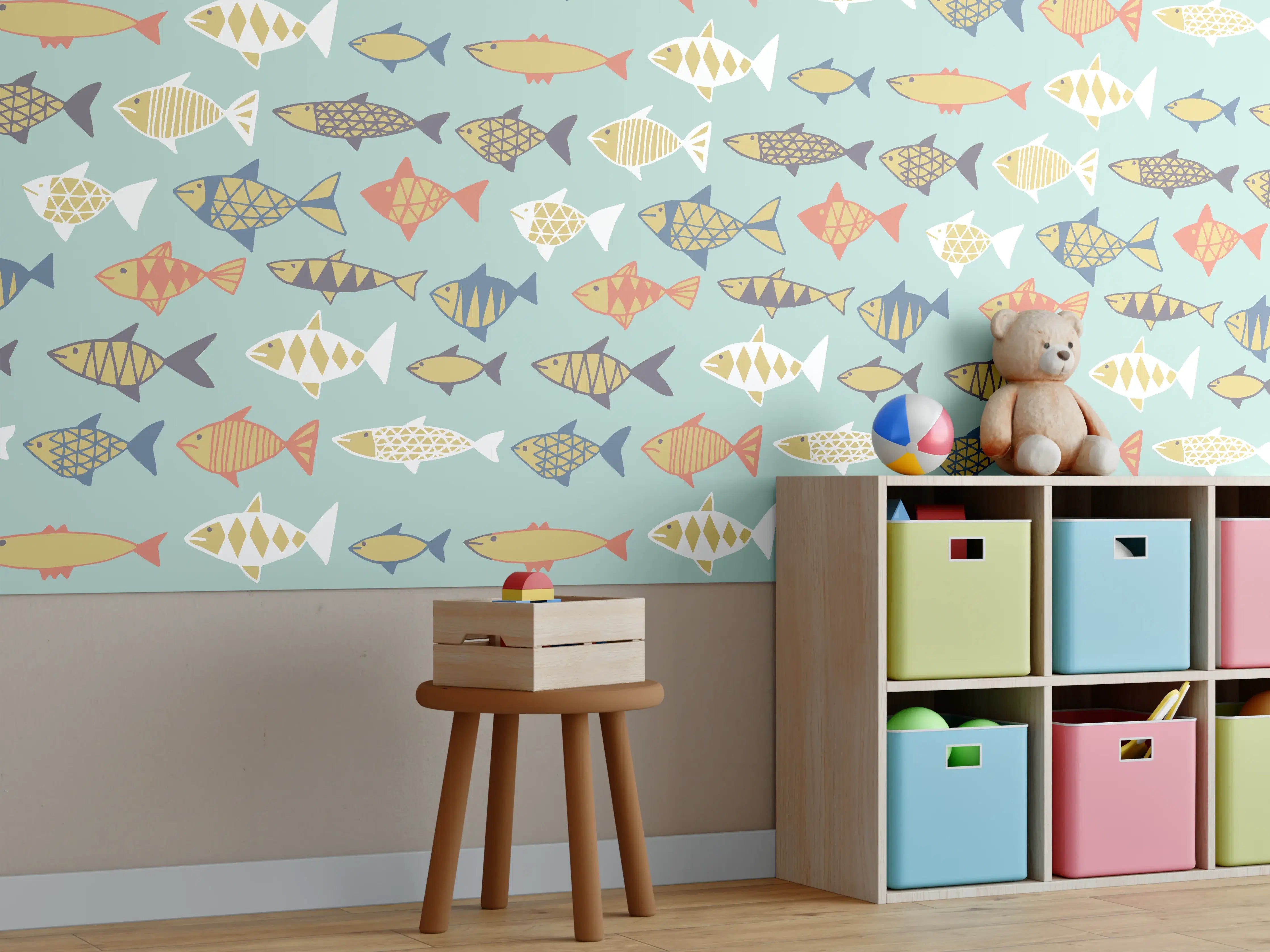 Kinderzimmer Wandgestaltung - Cartoon-Fische Türkis-Orange Muster