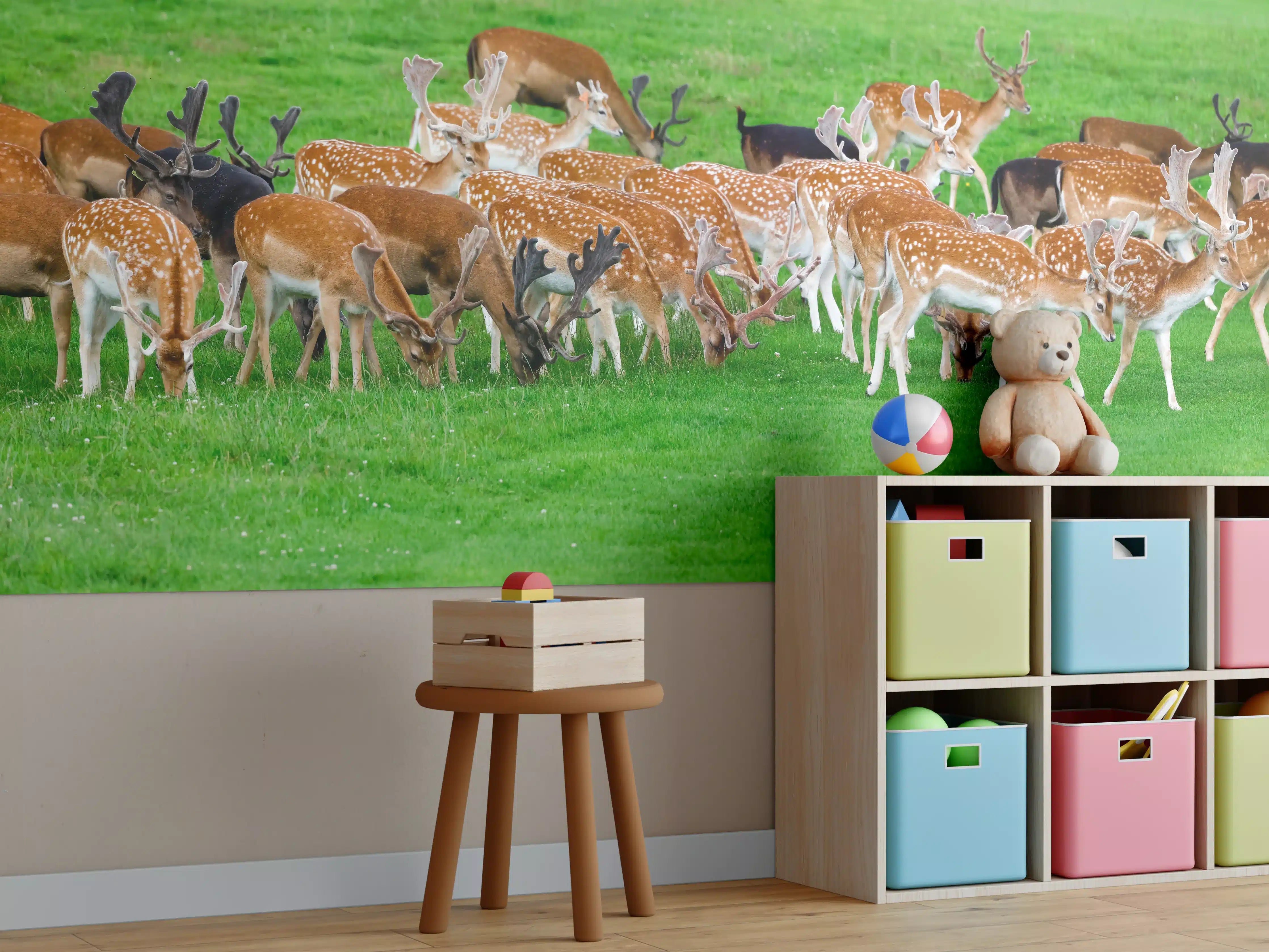 Kinderzimmer Wandgestaltung - Damwild-Herde auf grüner Wiese