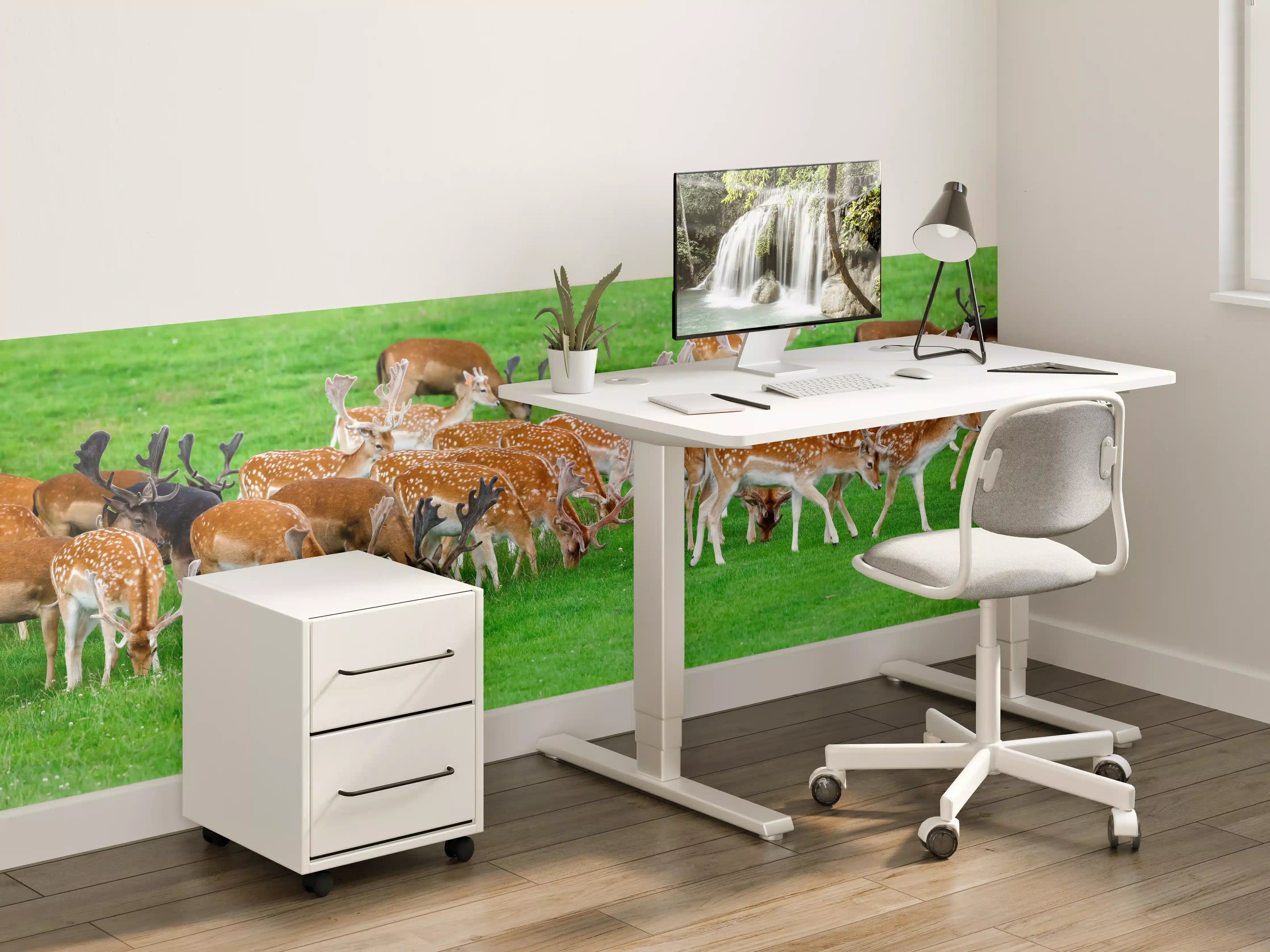 Kinderzimmer Wandgestaltung - Damwild-Herde auf grüner Wiese