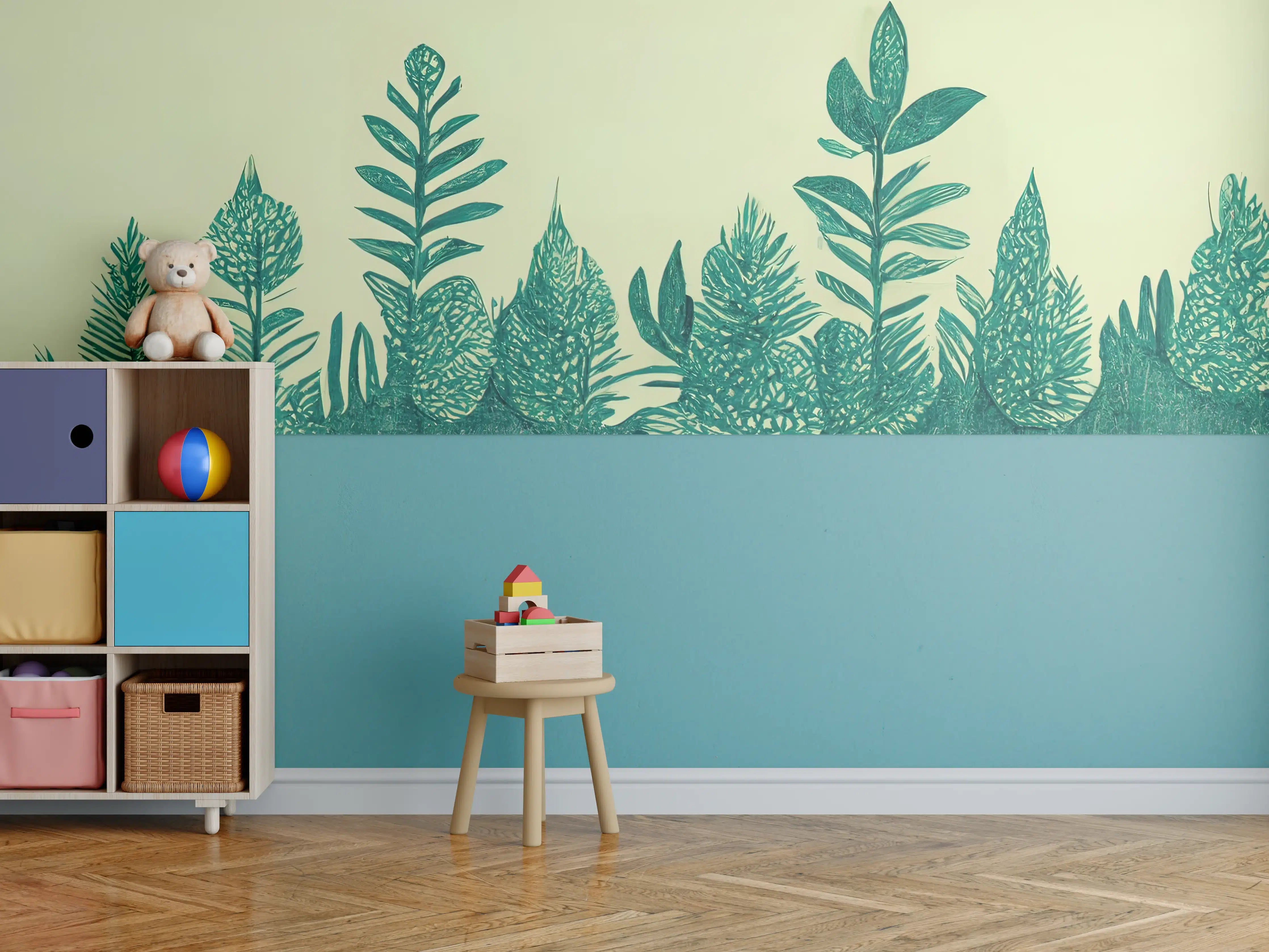 Kinderzimmer Wandgestaltung - Detailliertes Waldmotiv mit grünen Blättern