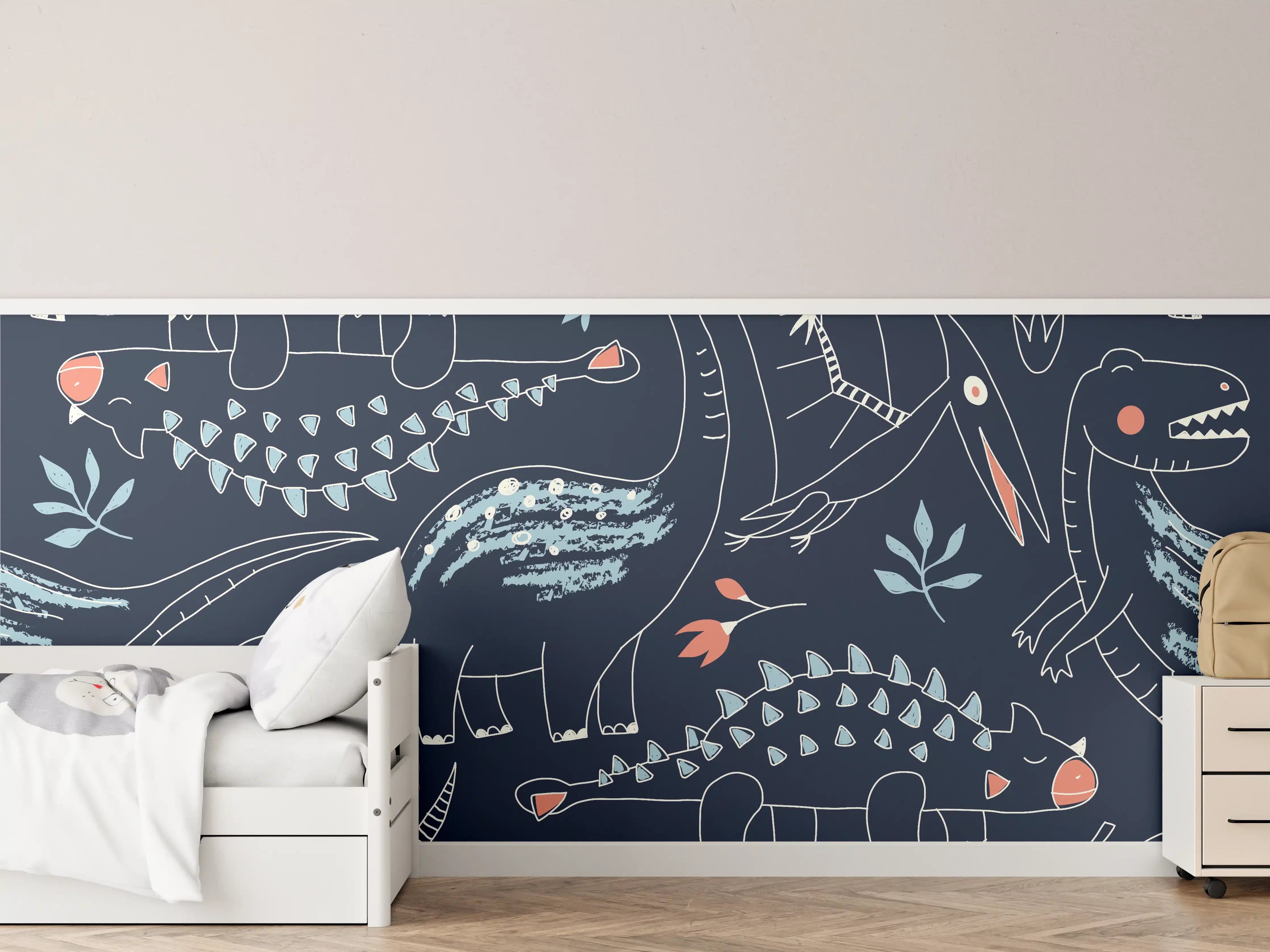 Kinderzimmer Wandgestaltung - Dinosaurier-Muster in Dunkelblau und Koralle