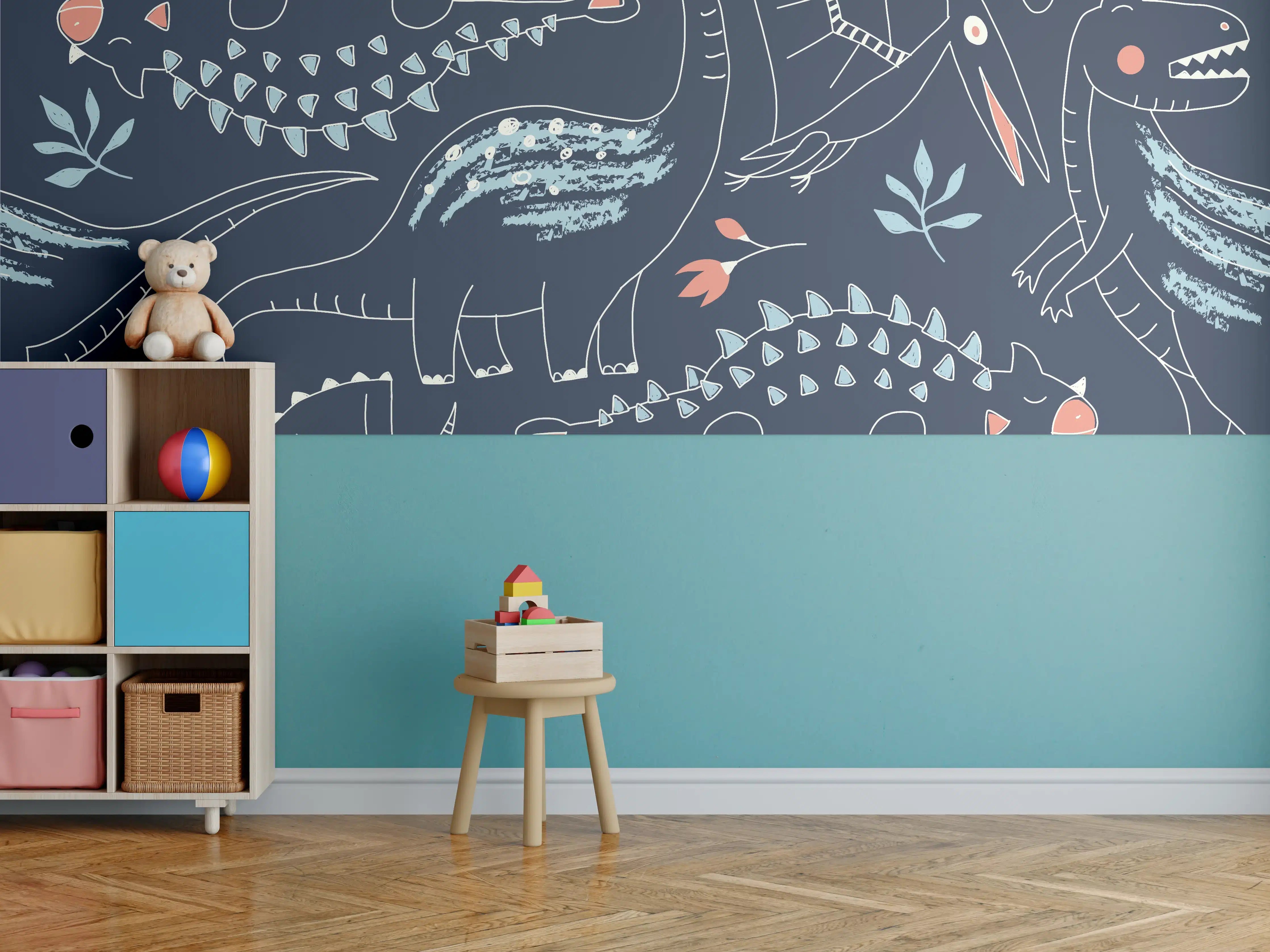 Kinderzimmer Wandgestaltung - Dinosaurier-Muster in Dunkelblau und Koralle