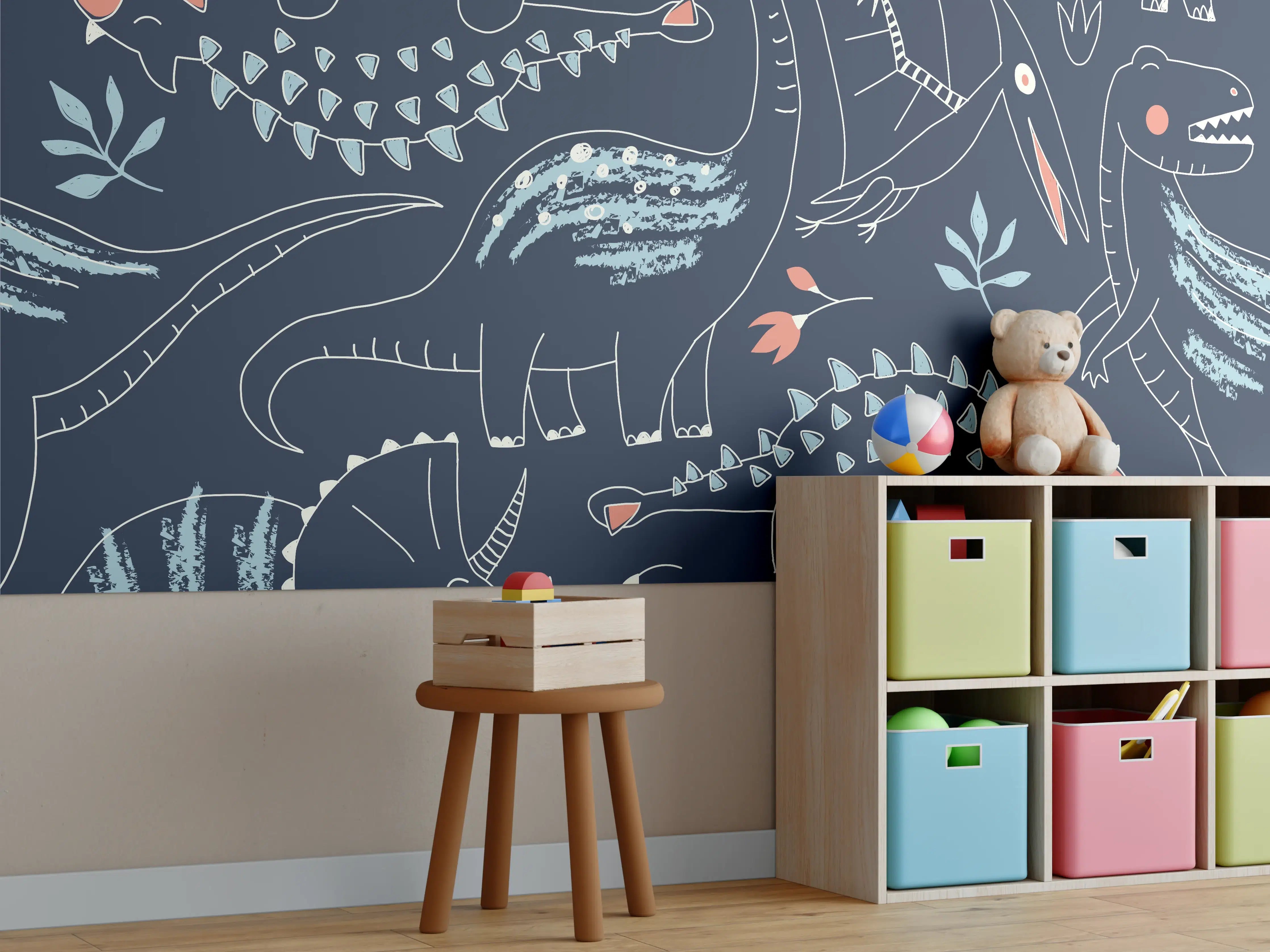 Kinderzimmer Wandgestaltung - Dinosaurier-Muster in Dunkelblau und Koralle