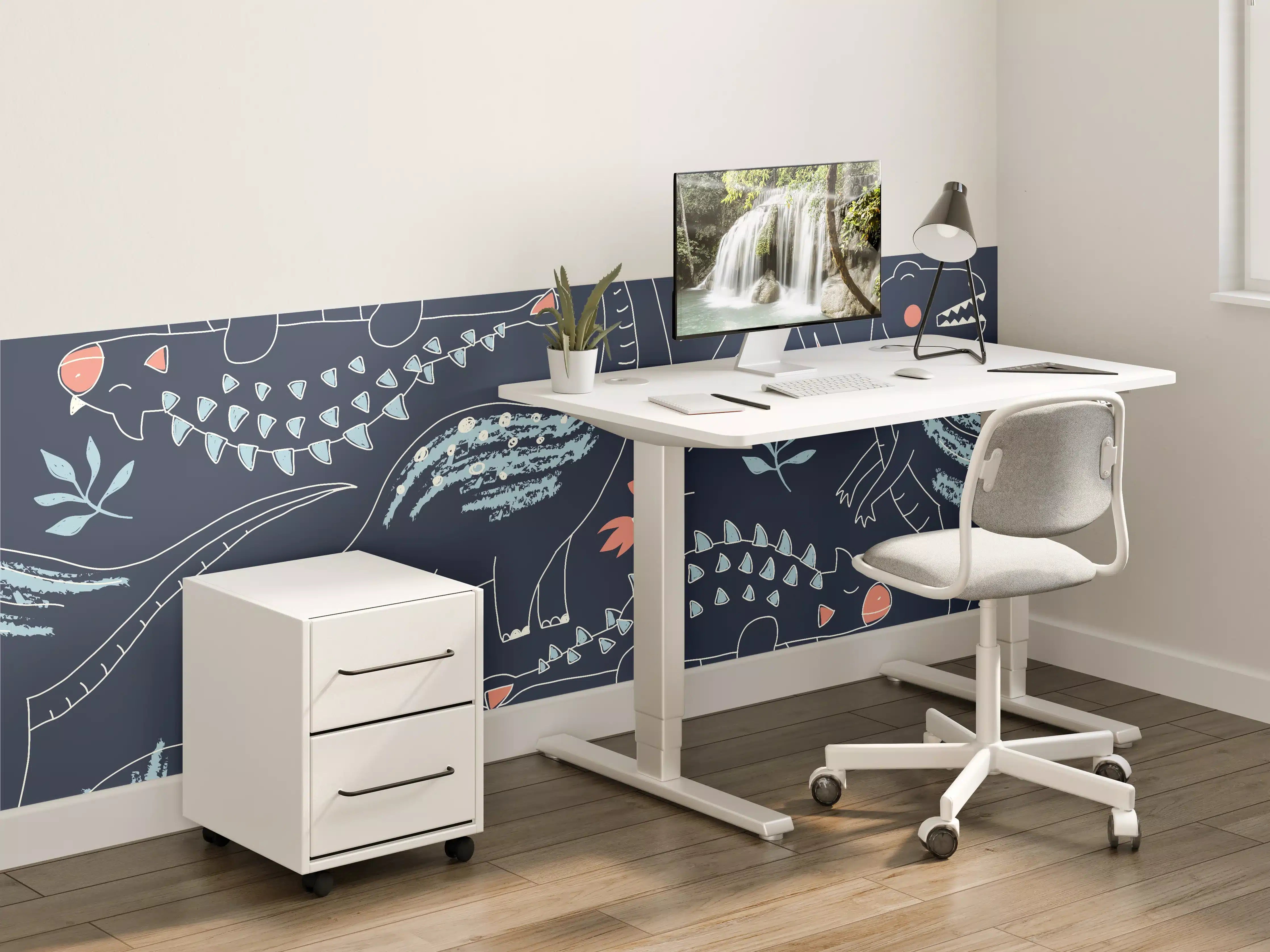 Kinderzimmer Wandgestaltung - Dinosaurier-Muster in Dunkelblau und Koralle