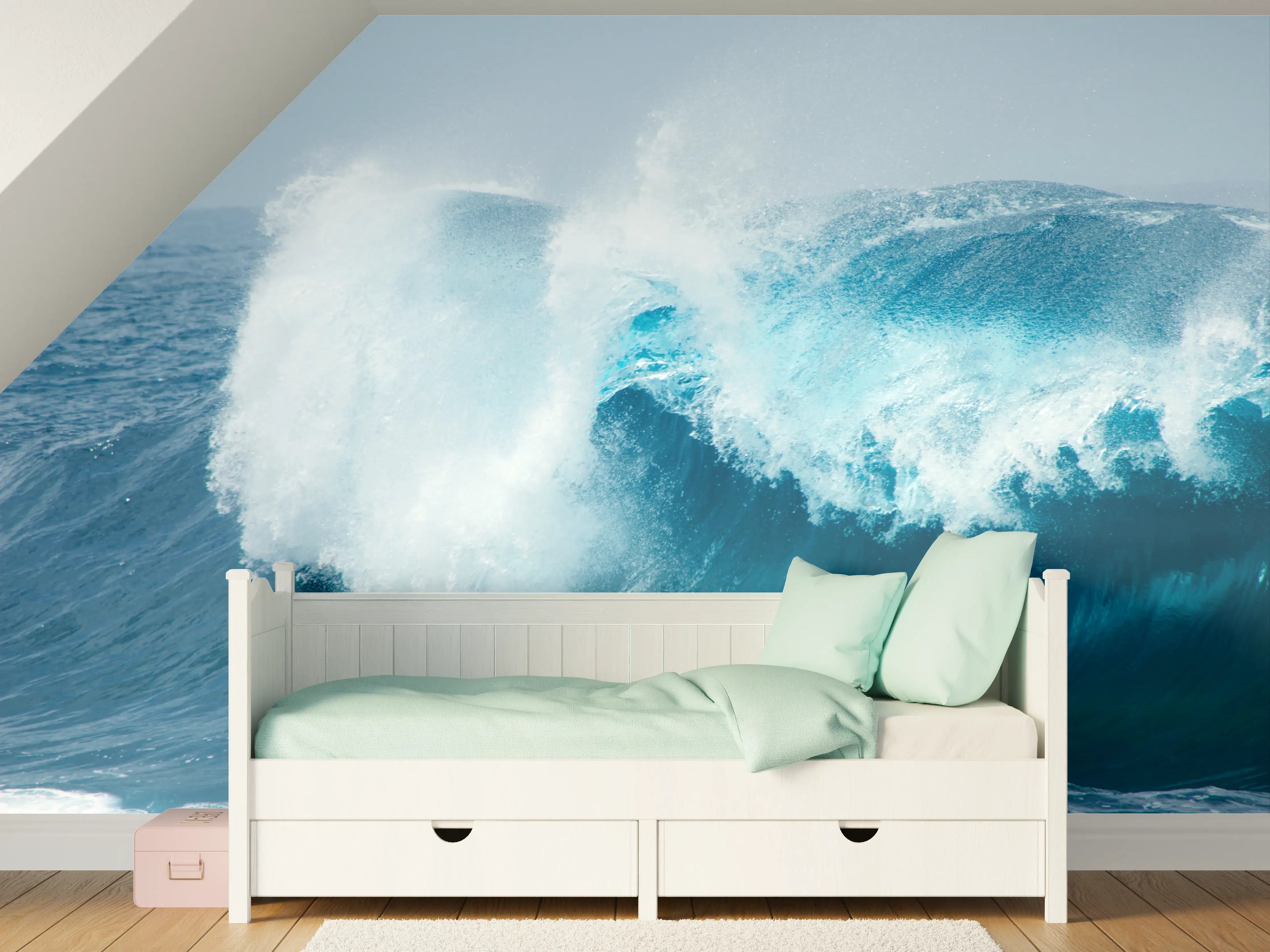 Kinderzimmer Wandgestaltung - Dramatische Meereswelle in Blau und Weiß