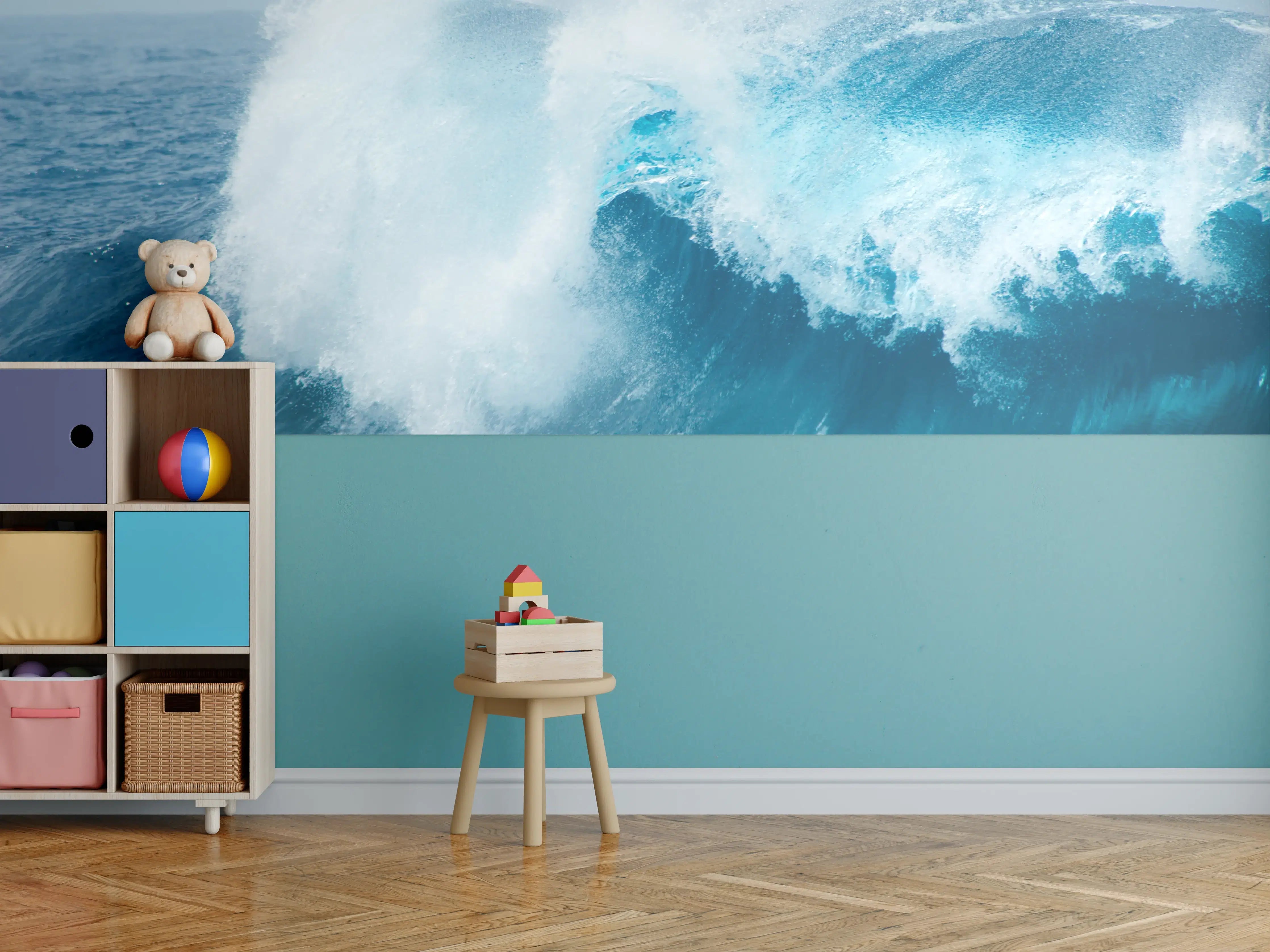 Kinderzimmer Wandgestaltung - Dramatische Meereswelle in Blau und Weiß