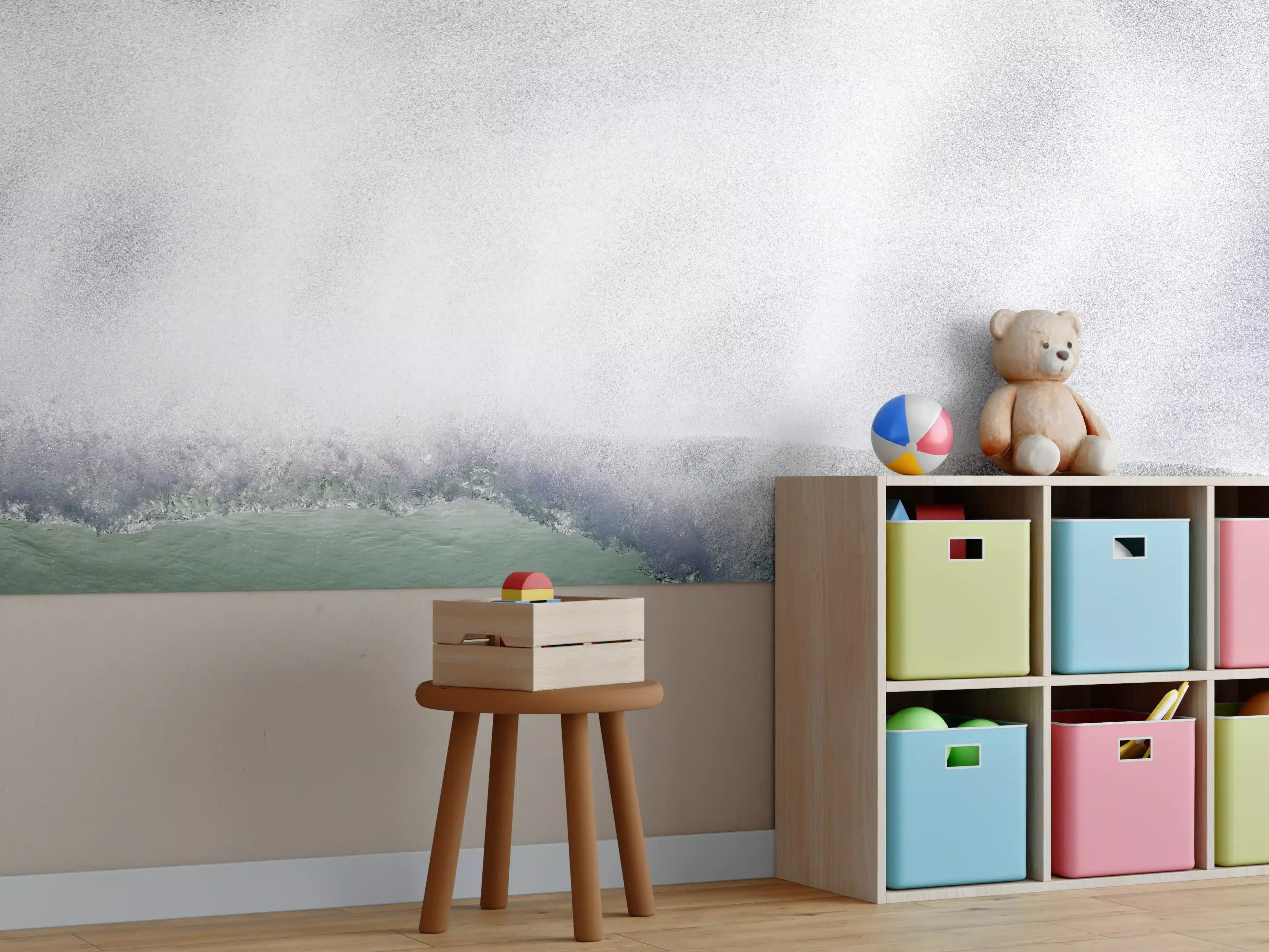 Kinderzimmer Wandgestaltung - Dramatische Ozeanwellen in Grau-Weiß