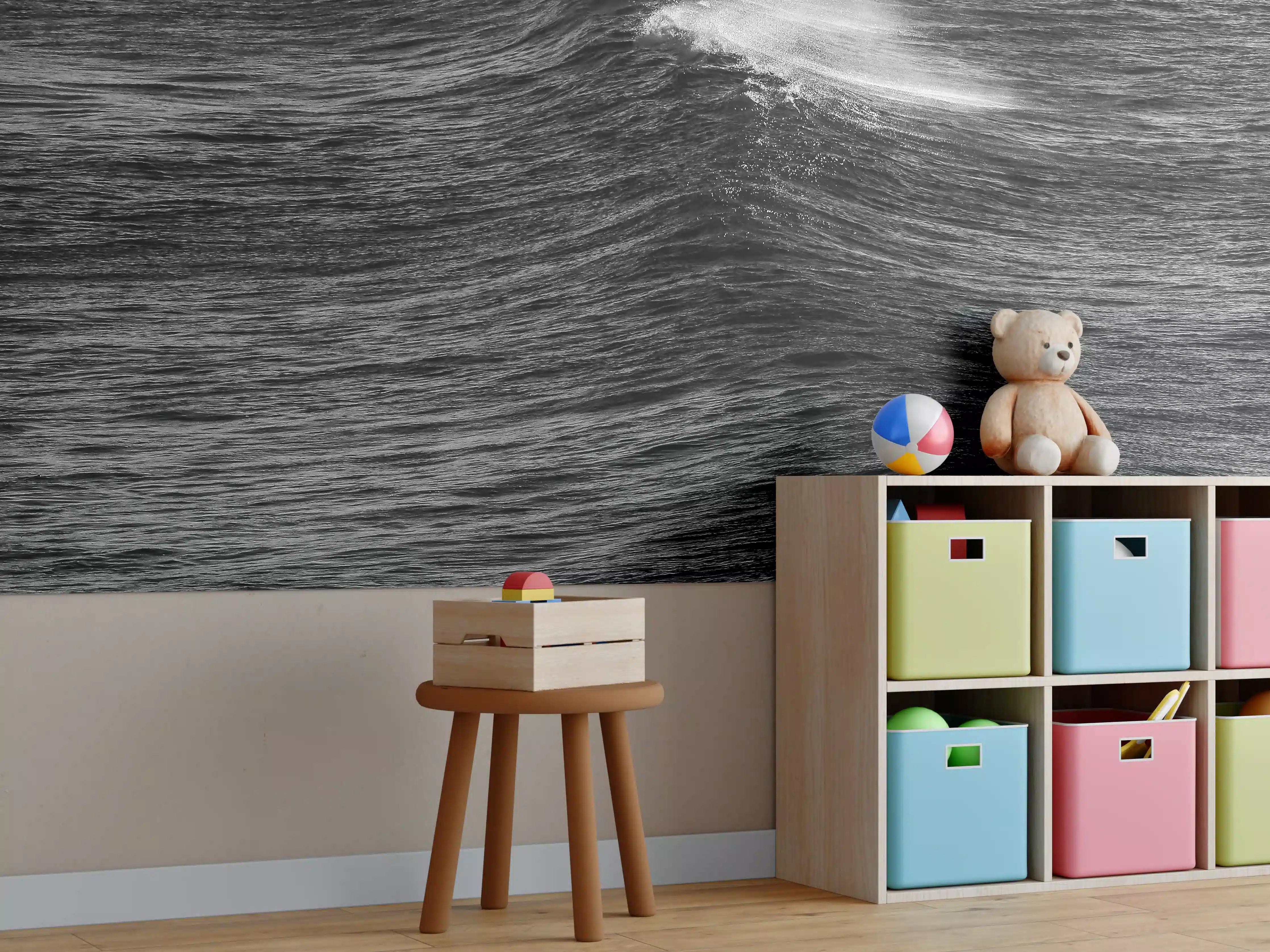 Kinderzimmer Wandgestaltung - Dramatisches Meer in Schwarzweiß