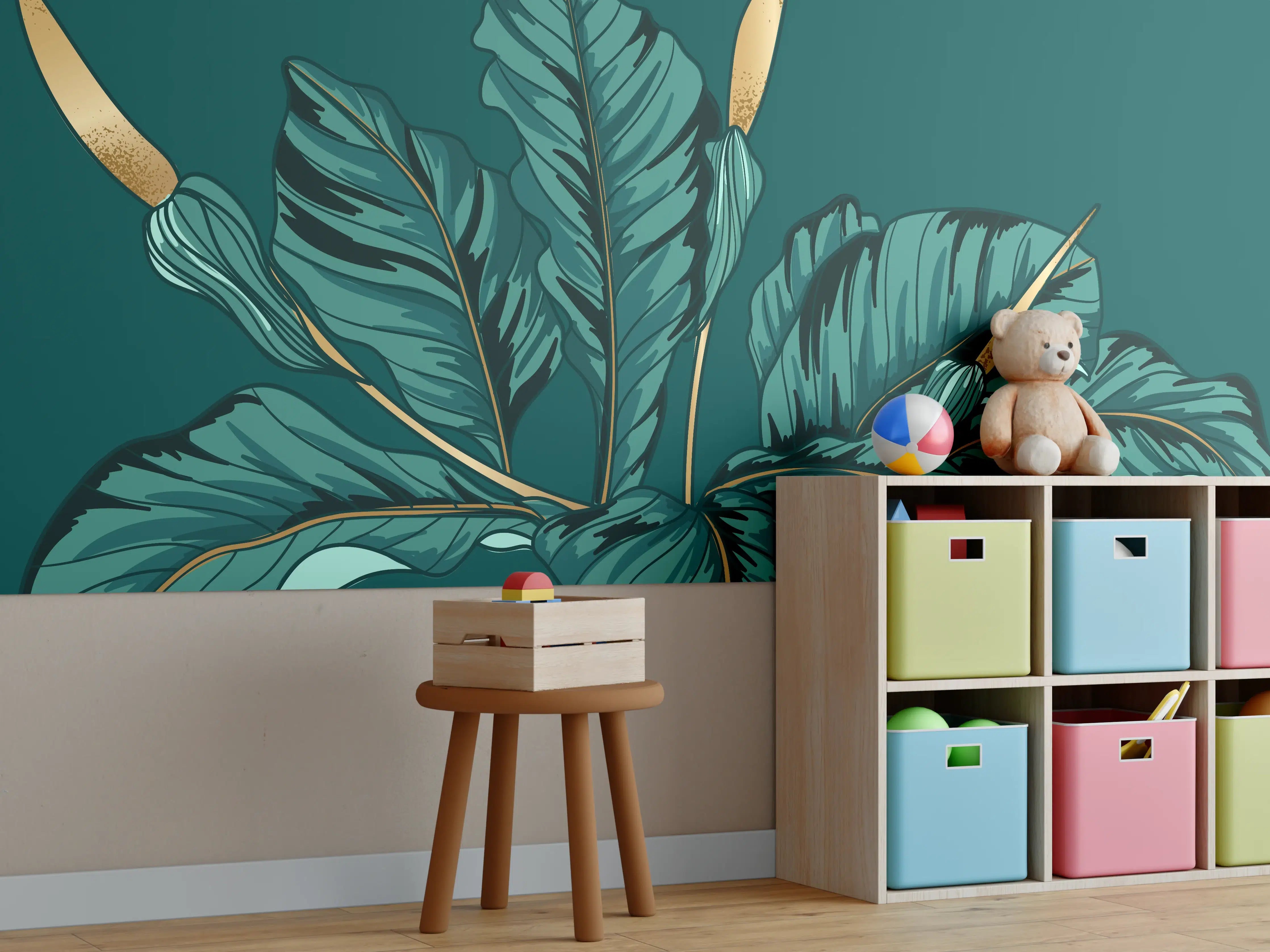 Kinderzimmer Wandgestaltung - Dschungel-Grün-Blatt-Design