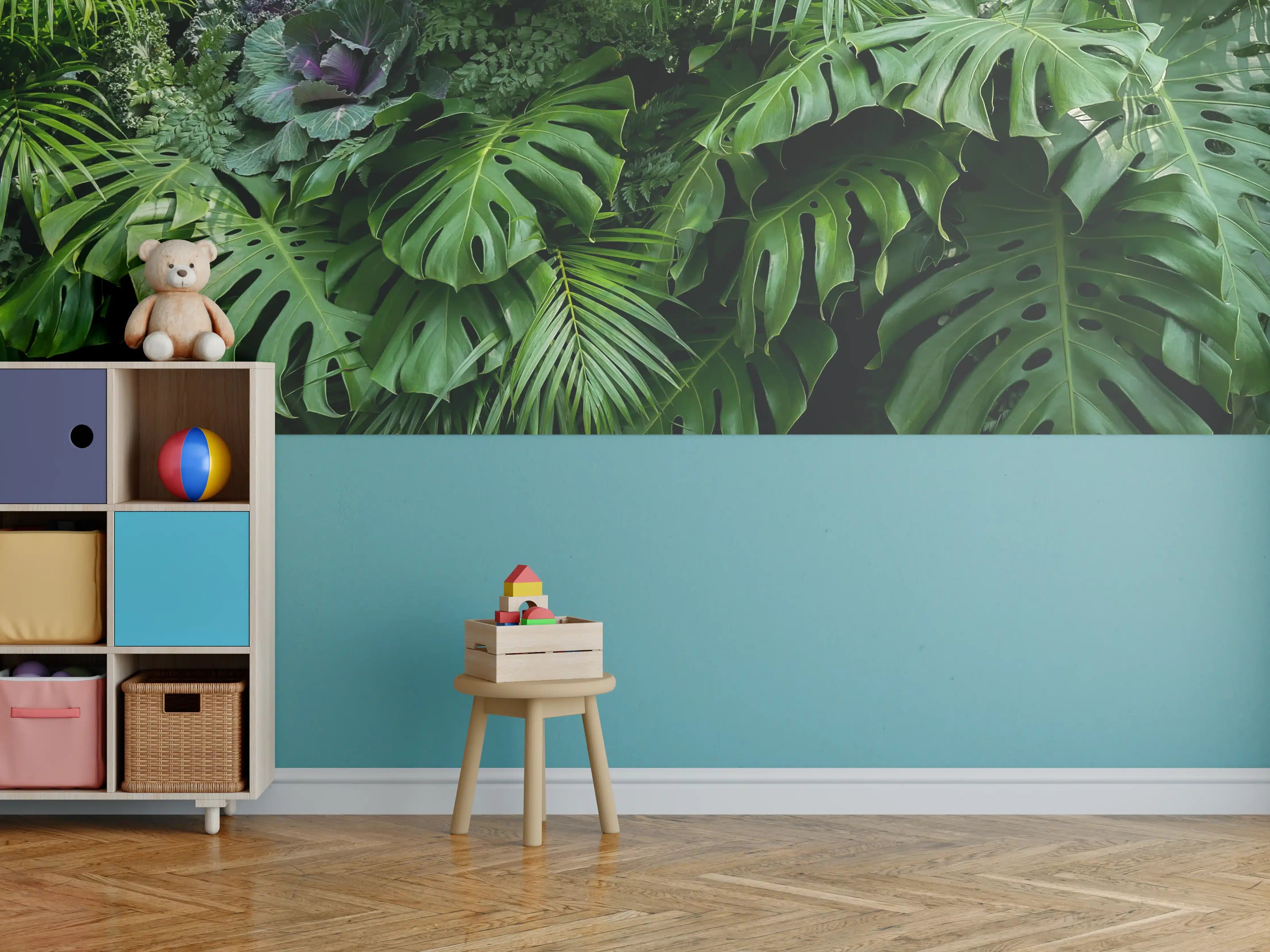 Kinderzimmer Wandgestaltung - Dschungel aus Monstera und Palmen