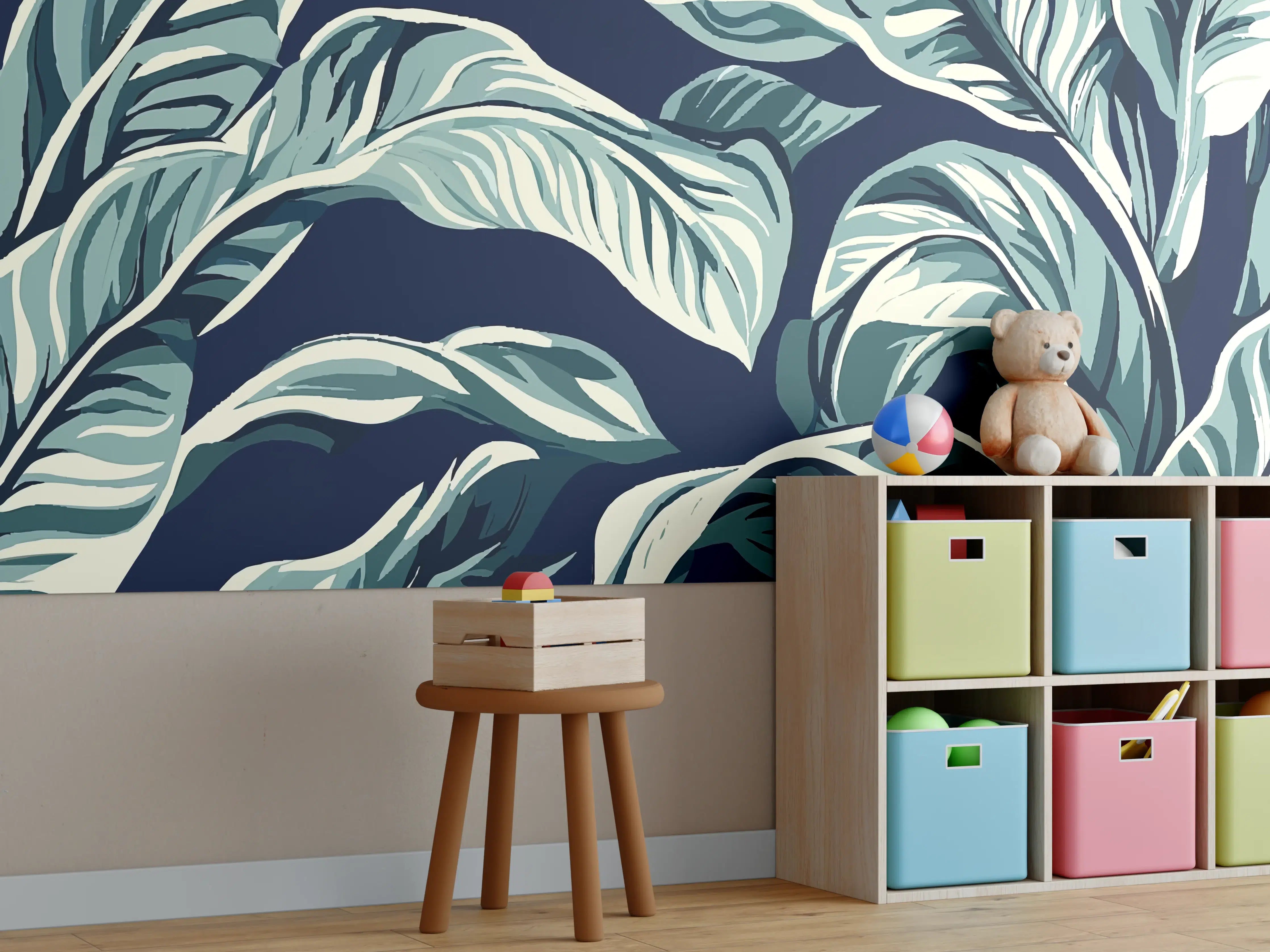 Kinderzimmer Wandgestaltung - Dschungelgrün mit Blättern in Dunkelblau und Creme