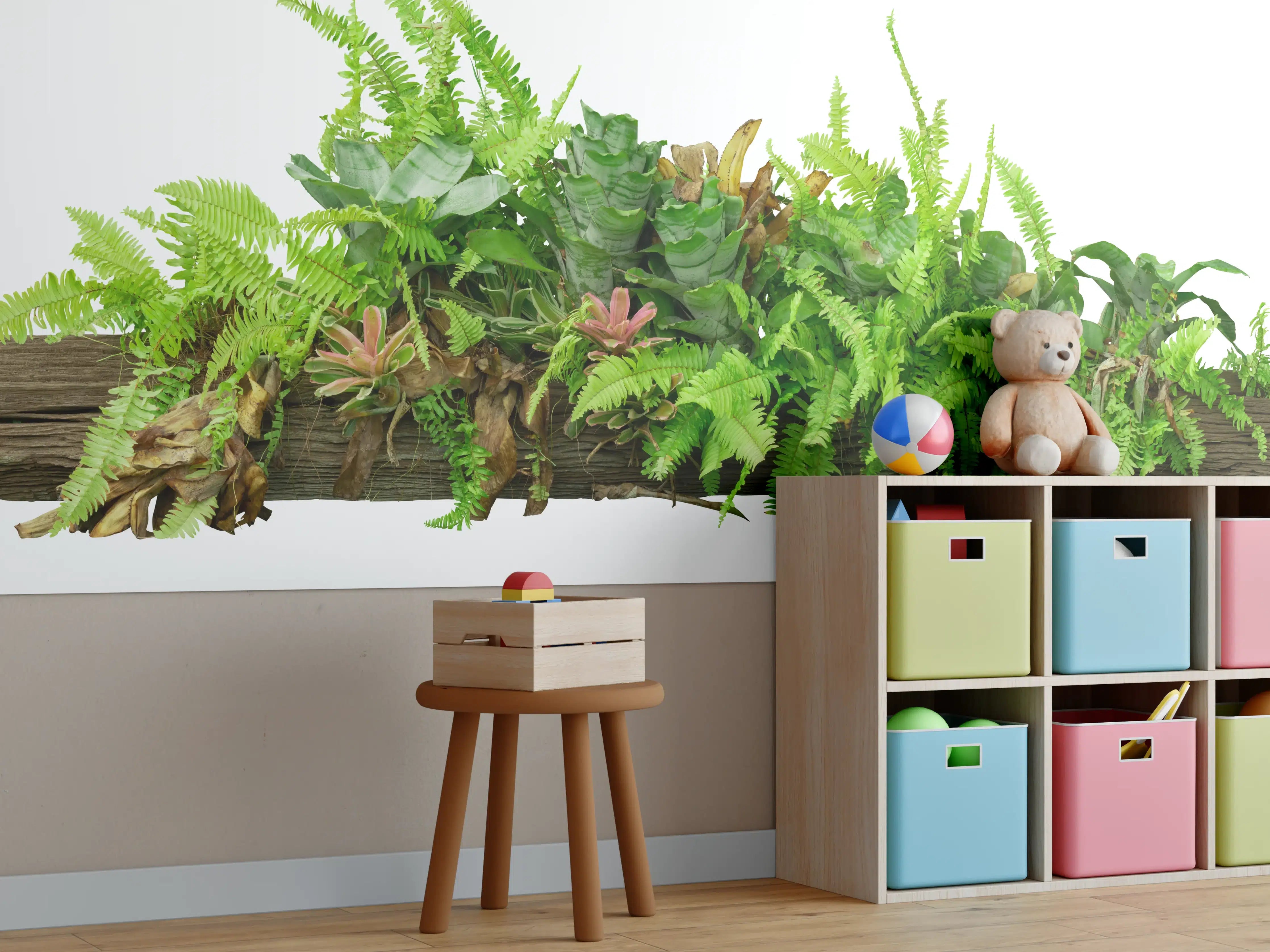 Kinderzimmer Wandgestaltung - Dschungelpflanzen auf Holzstamm