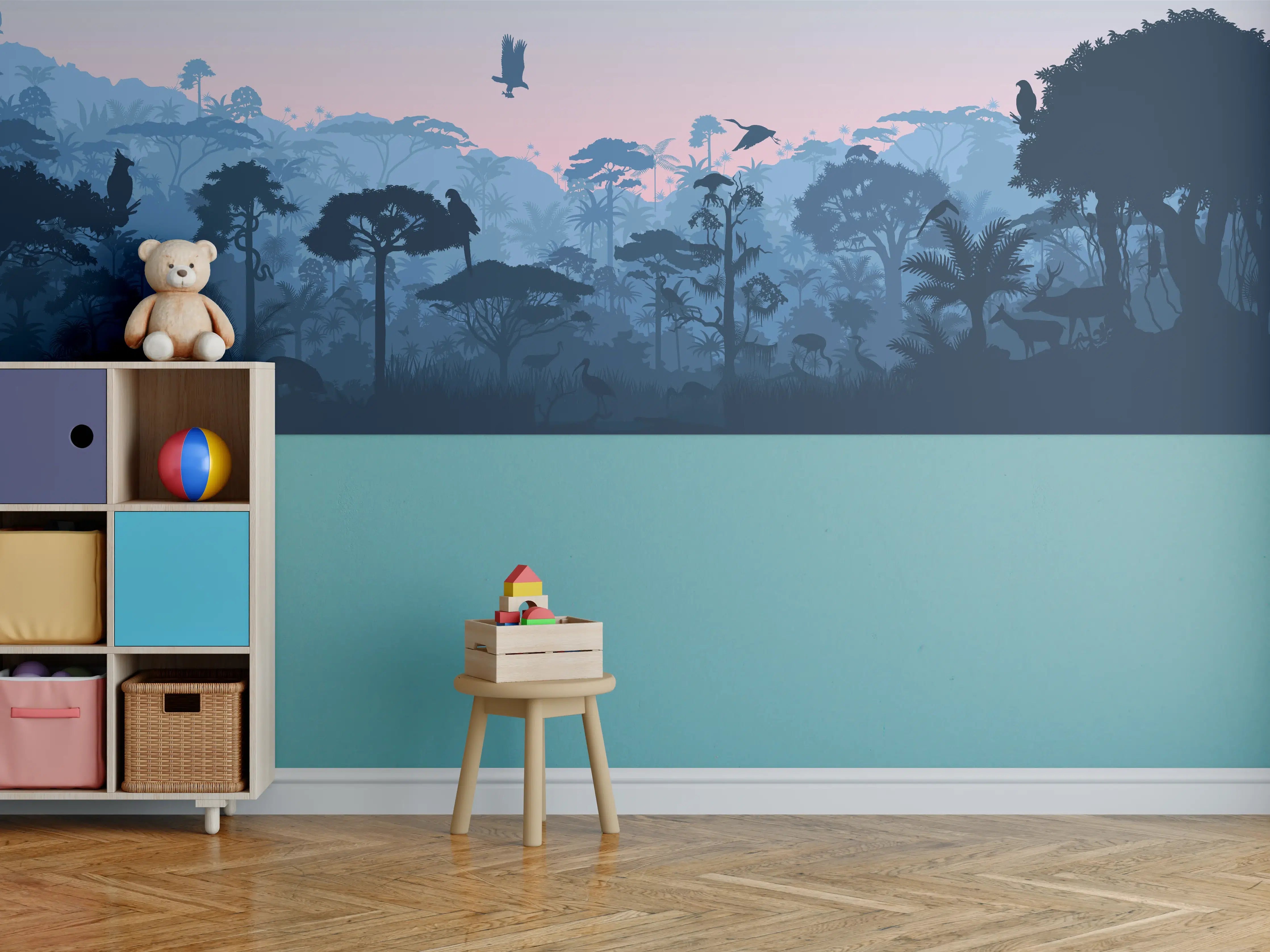 Kinderzimmer Wandgestaltung - Dschungelsilhouette bei Dämmerung