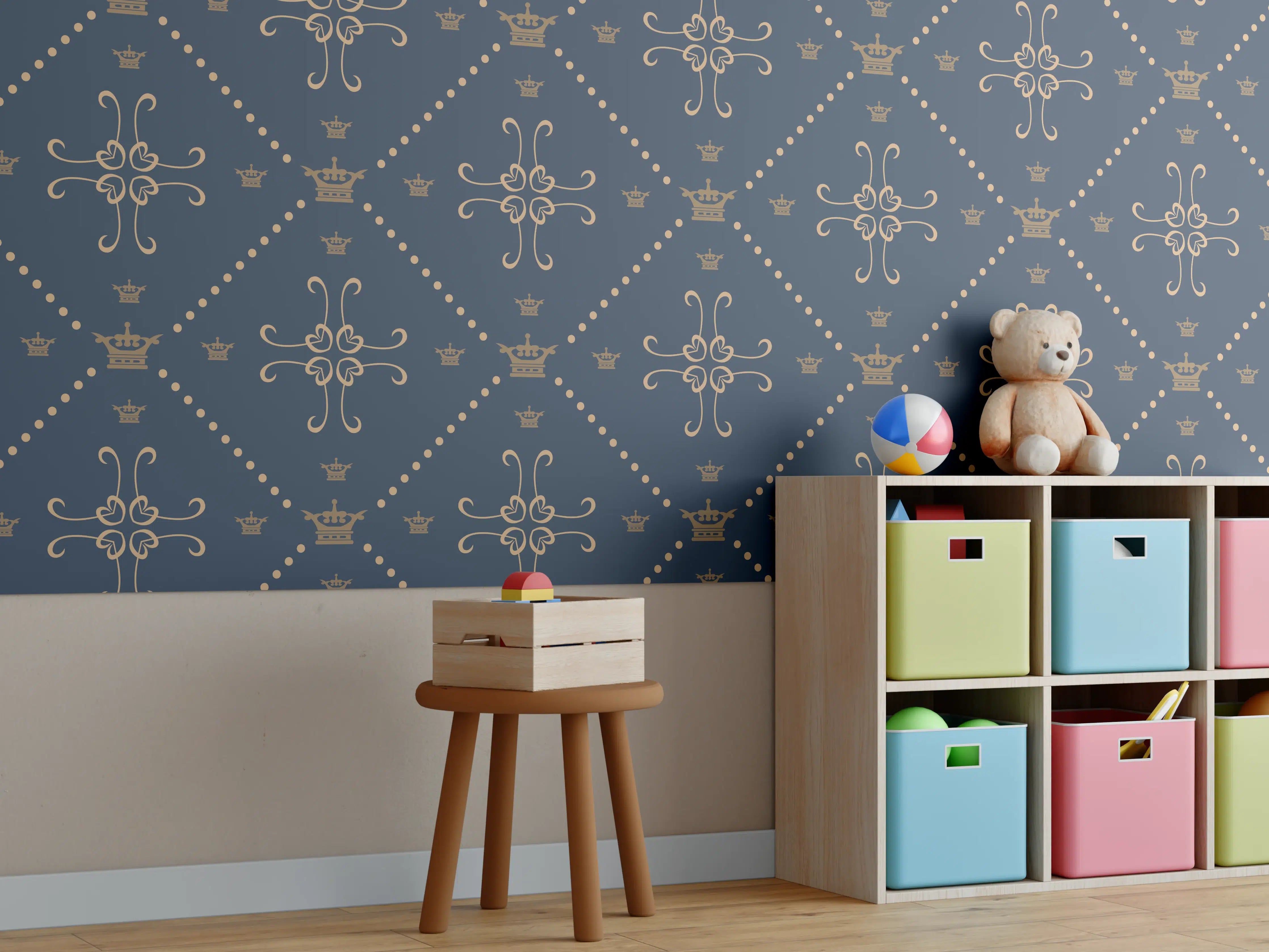 Kinderzimmer Wandgestaltung - Dunkelblau Ornament Tapetenmuster